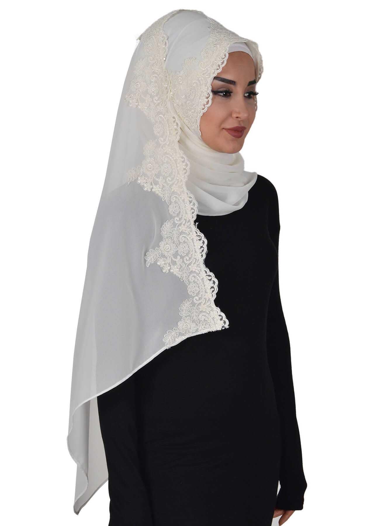 Özel Tasarım Önden Dantel İşlemeli Pratik Şifon Şal,PS-25