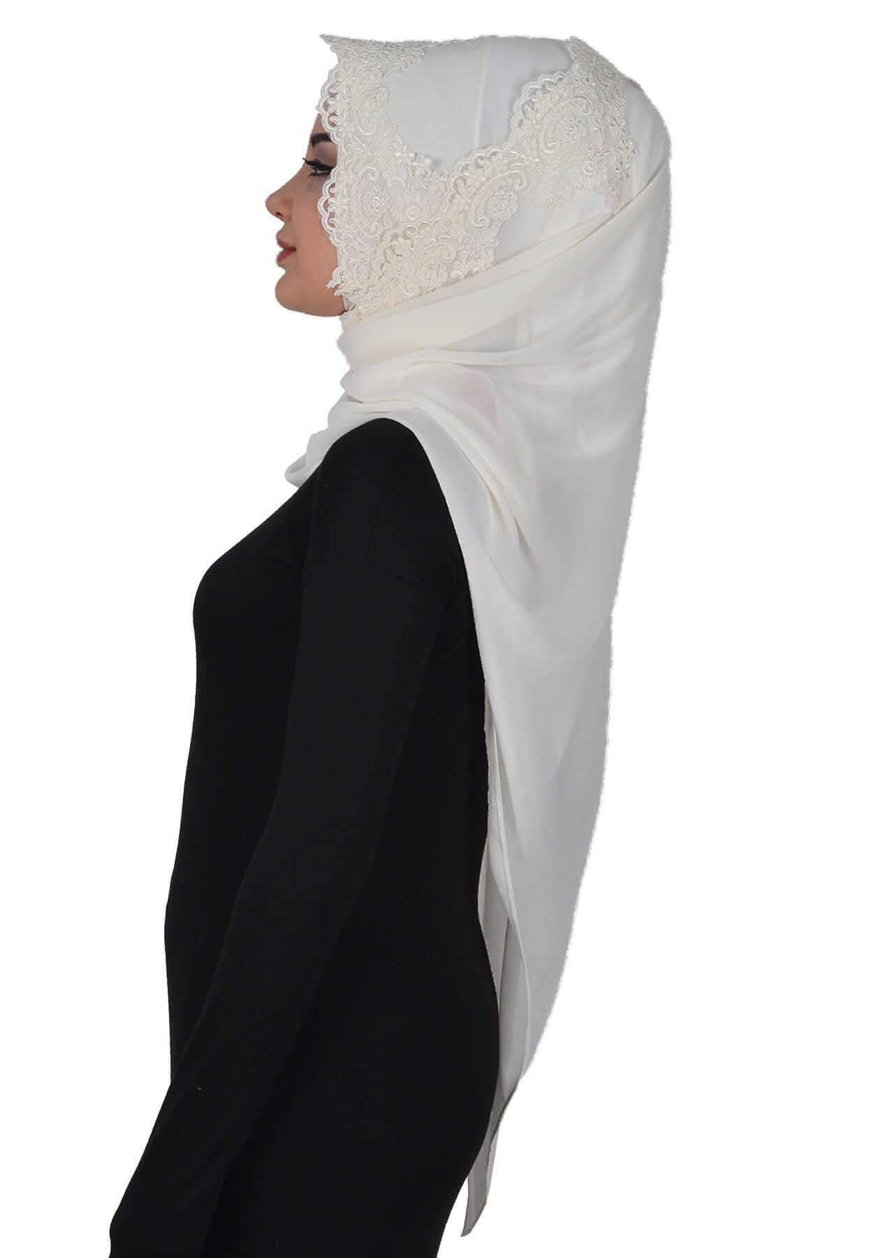 Özel Tasarım Önden Dantel İşlemeli Pratik Şifon Şal,PS-25