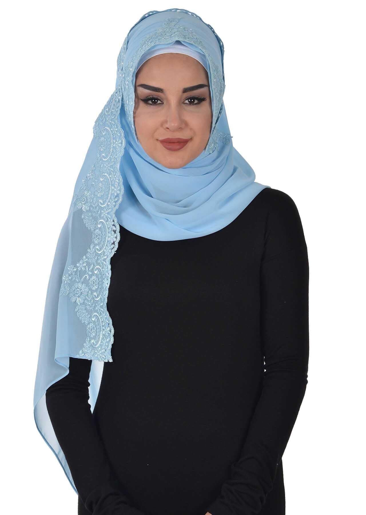 Özel Tasarım Önden Dantel İşlemeli Pratik Şifon Şal,PS-25