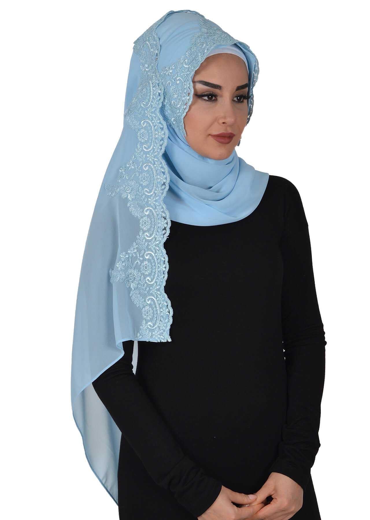Özel Tasarım Önden Dantel İşlemeli Pratik Şifon Şal,PS-25