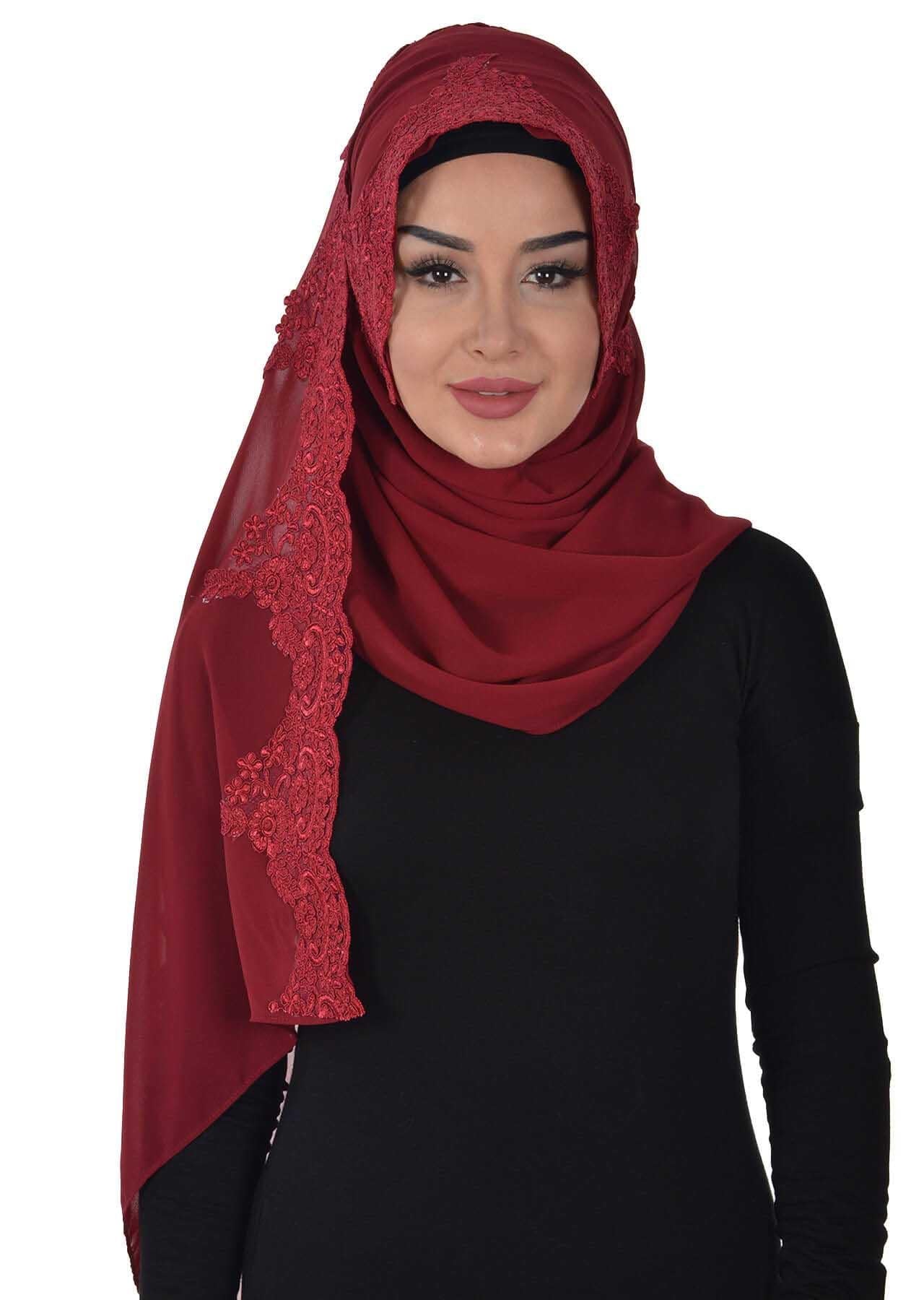 Özel Tasarım Önden Dantel İşlemeli Pratik Şifon Şal,PS-25