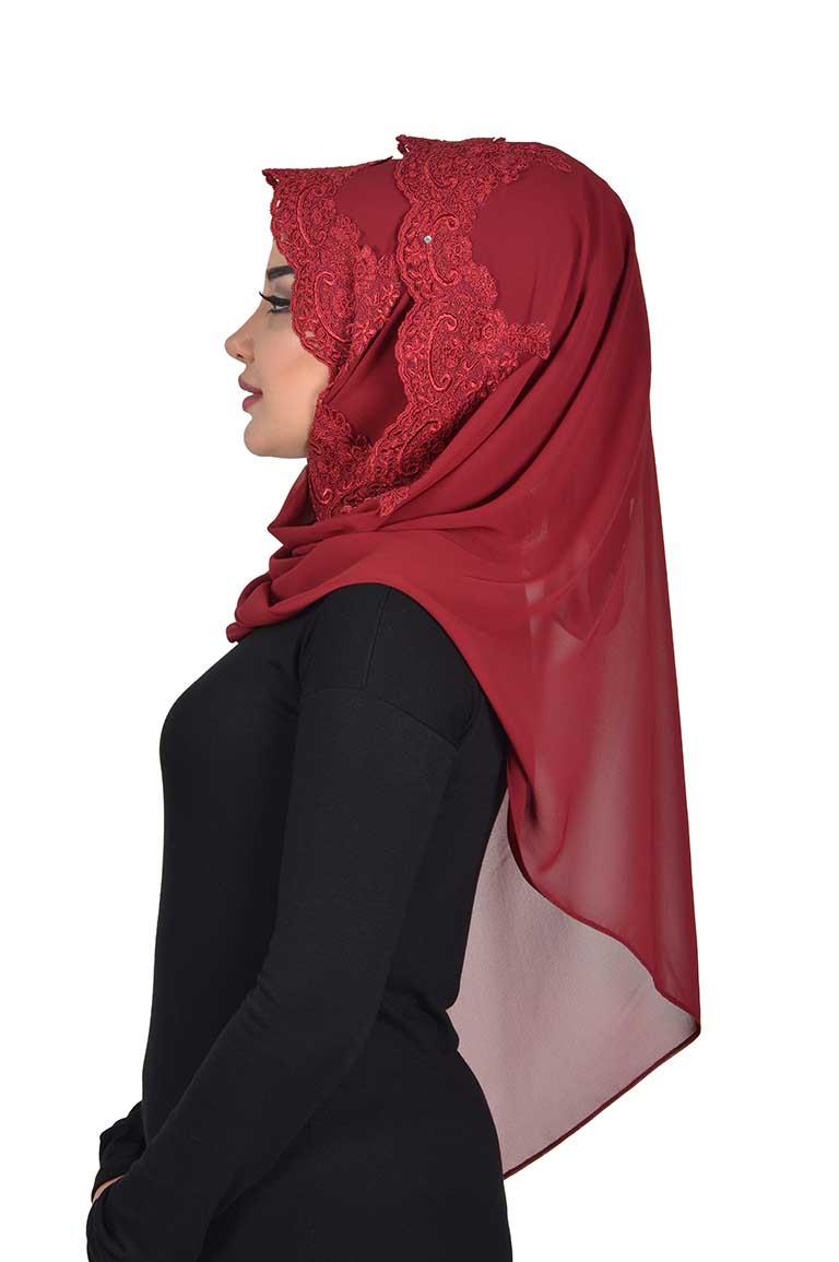 Özel Tasarım Önden Dantel İşlemeli Pratik Şifon Şal,PS-25