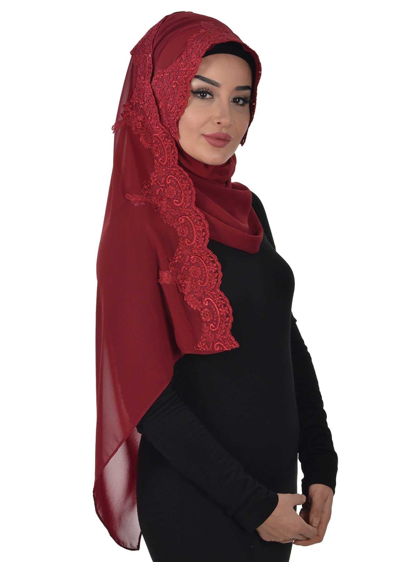 Özel Tasarım Önden Dantel İşlemeli Pratik Şifon Şal,PS-25