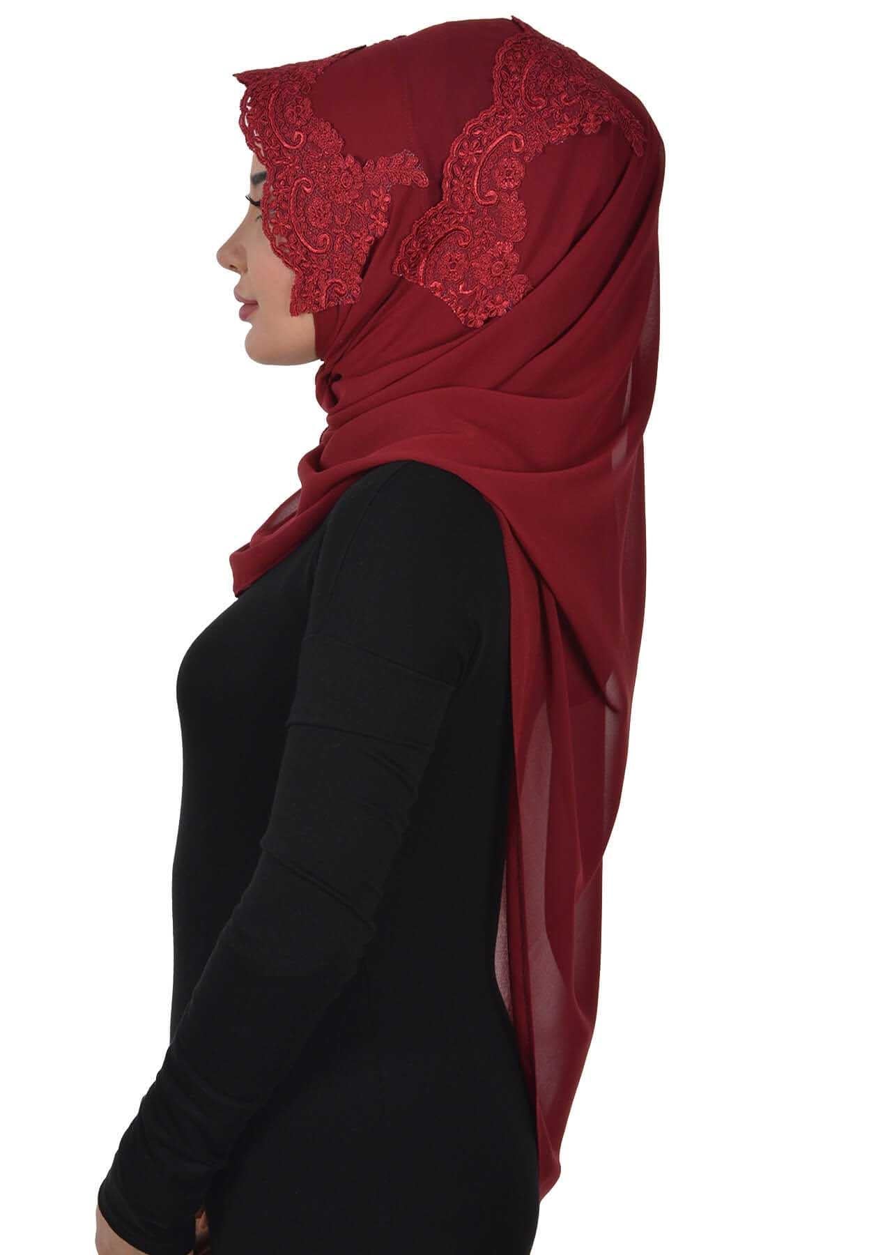 Özel Tasarım Önden Dantel İşlemeli Pratik Şifon Şal,PS-25