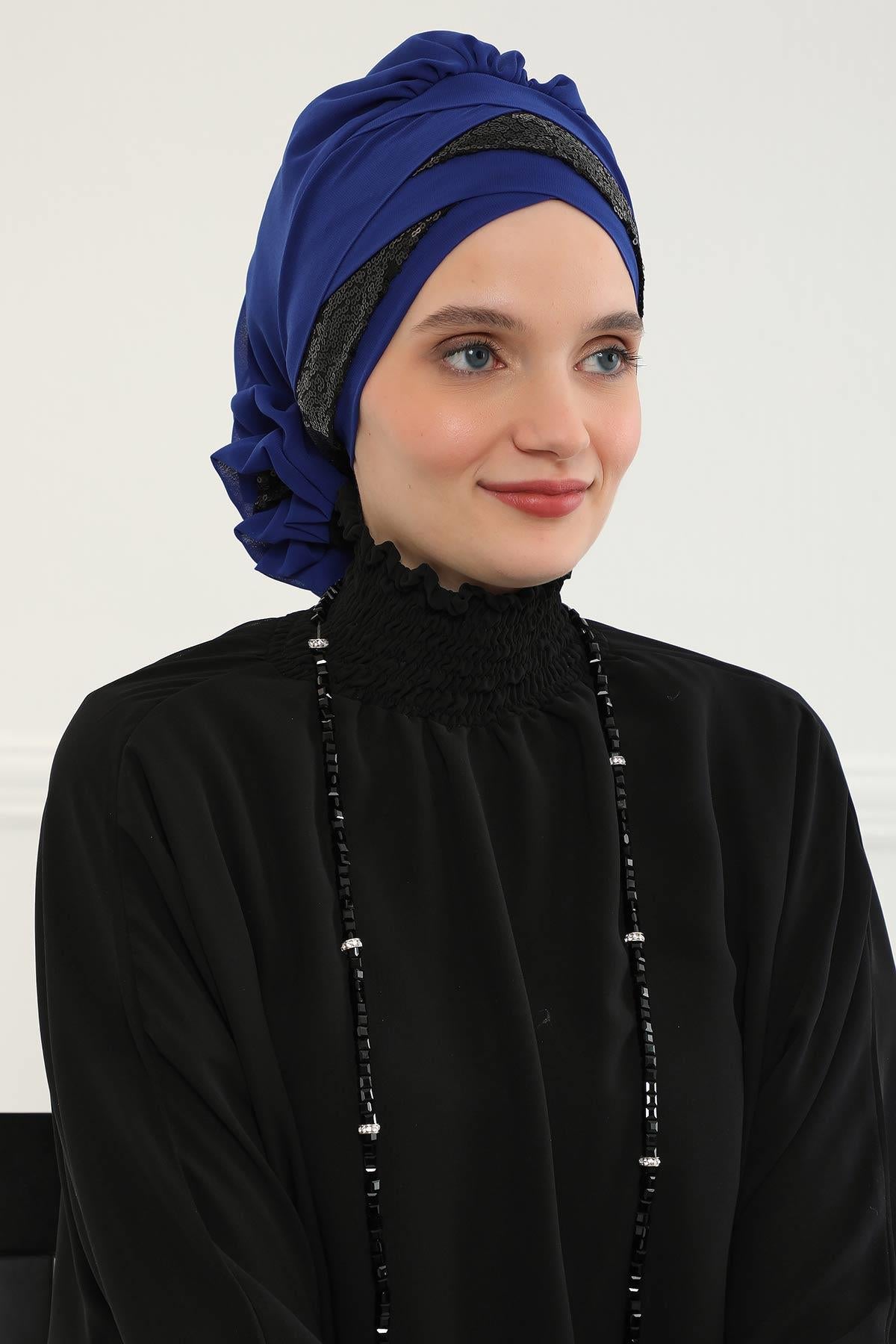 Parlak Payetli Özel Tasarım Şifon Hazır Türban,HT-47P