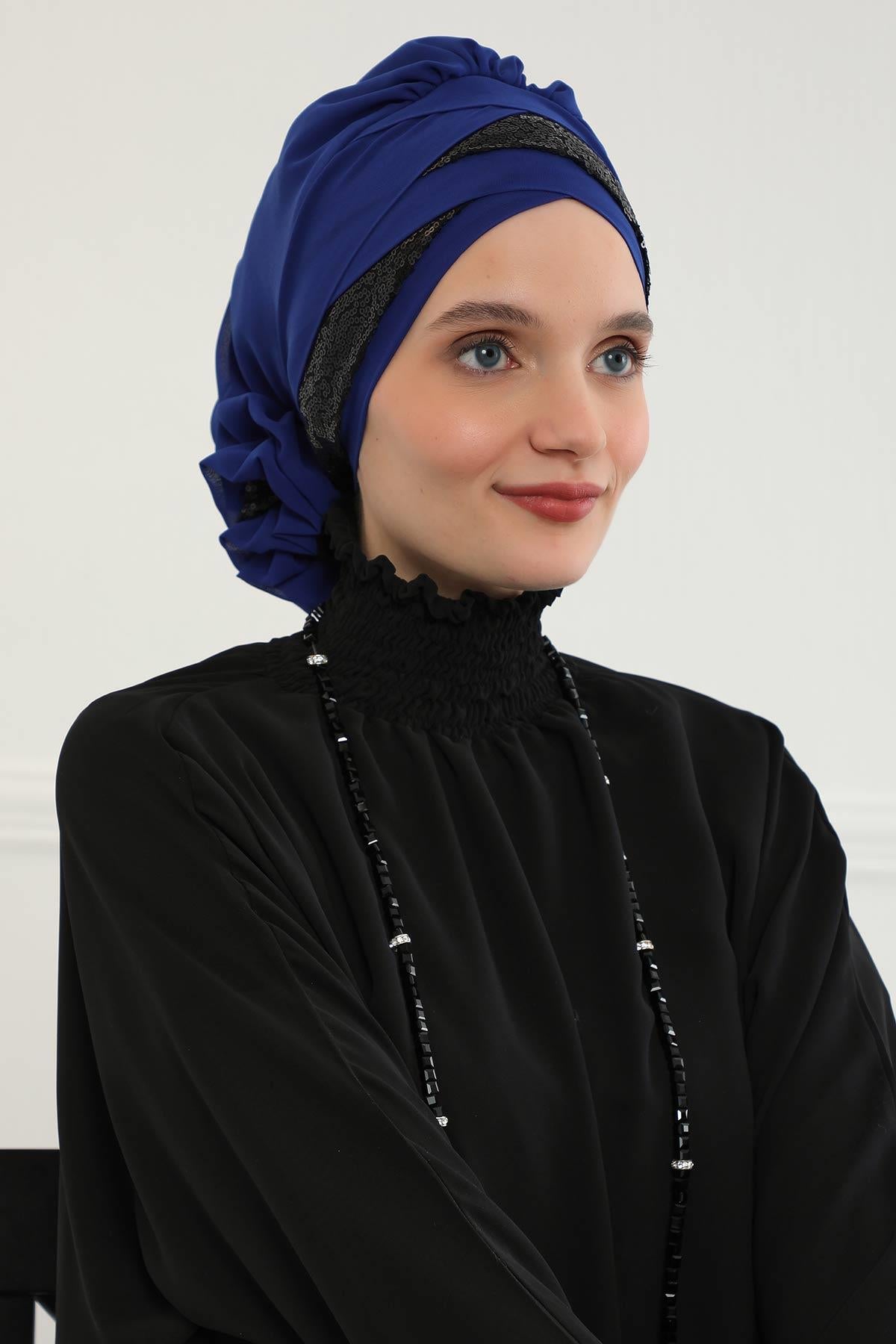 Parlak Payetli Özel Tasarım Şifon Hazır Türban,HT-47P