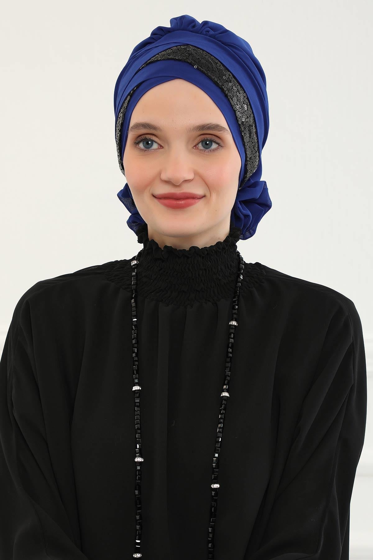 Parlak Payetli Özel Tasarım Şifon Hazır Türban,HT-47P