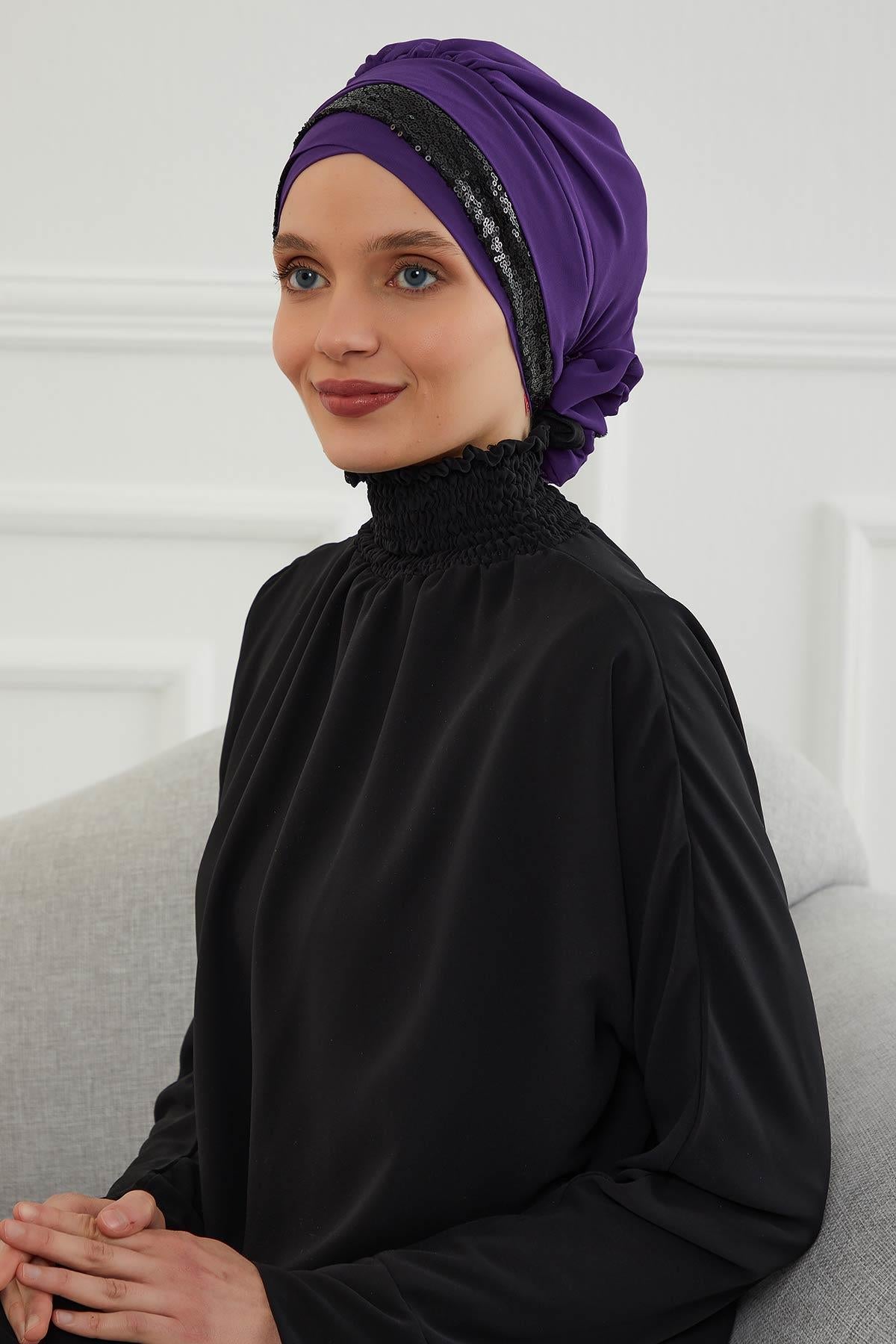 Parlak Payetli Özel Tasarım Şifon Hazır Türban,HT-47P