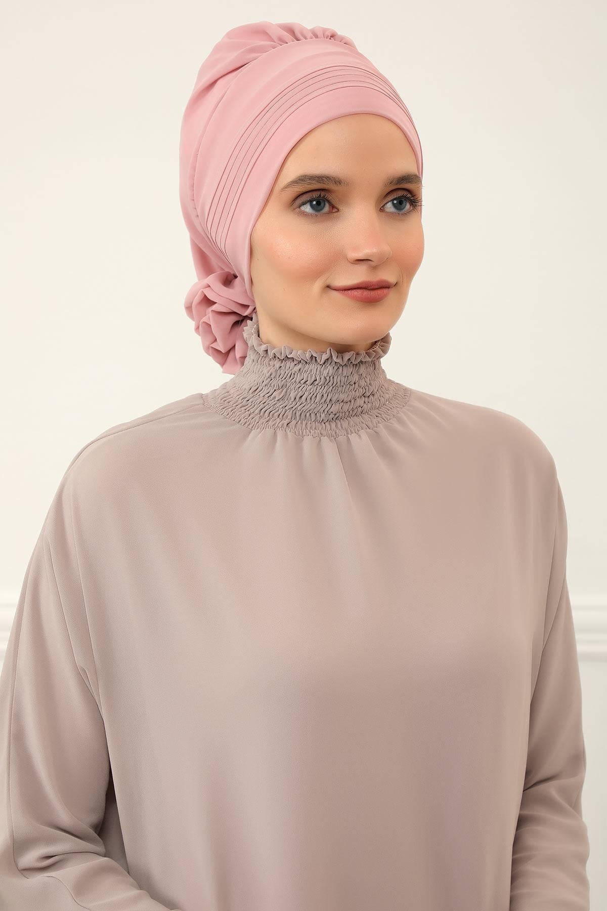 Dikişli Pileli Şifon Hazır Türban,HT-31