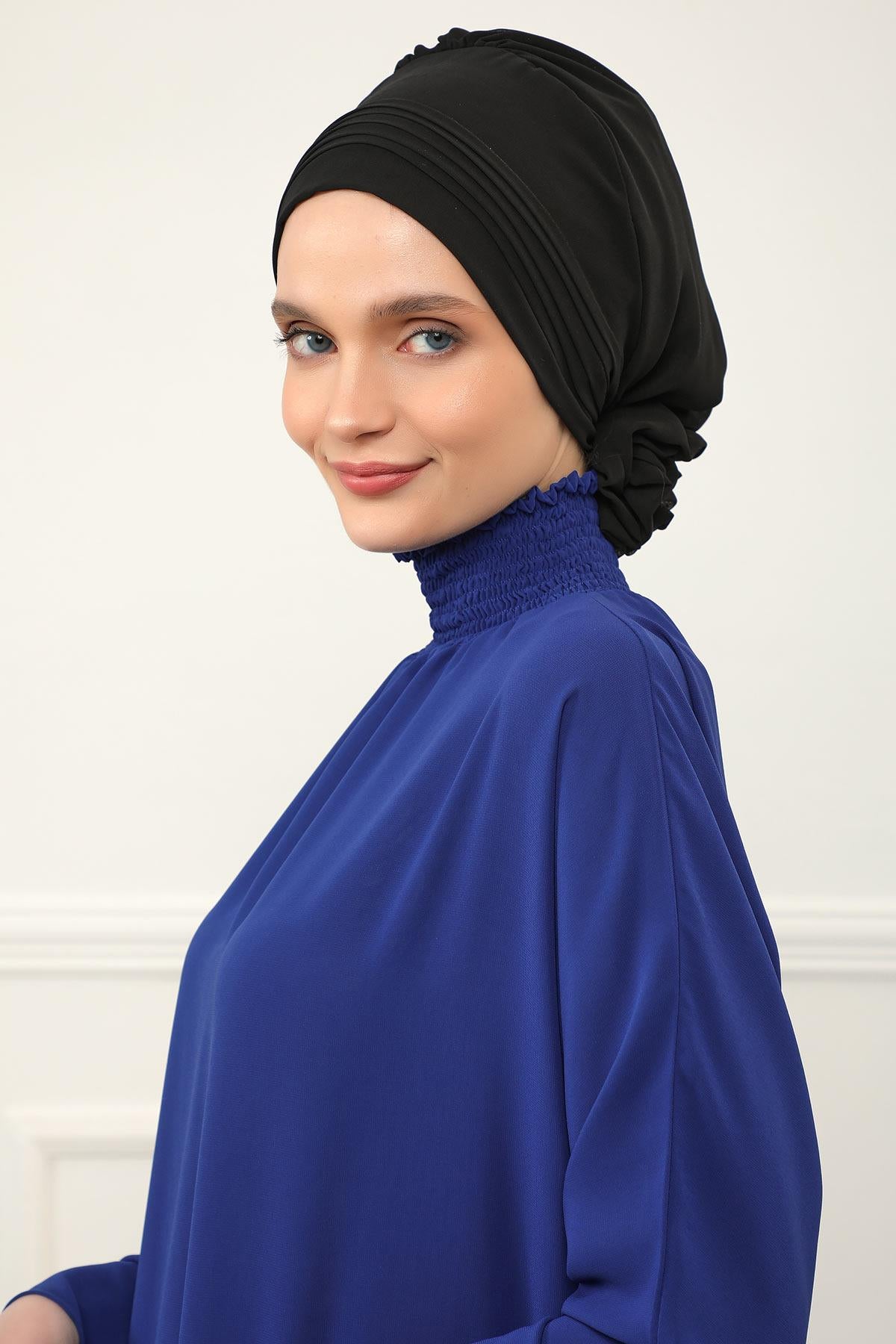 Dikişli Pileli Şifon Hazır Türban,HT-31