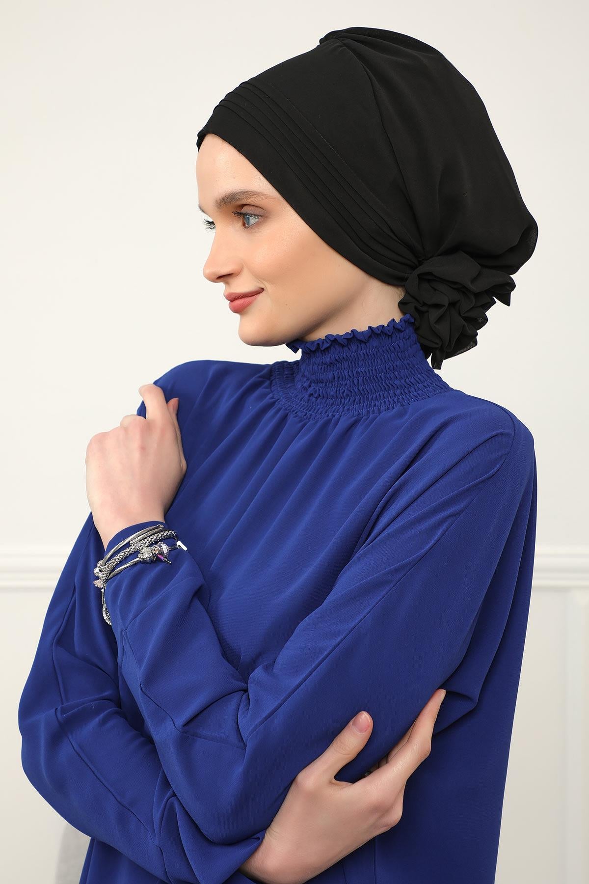 Dikişli Pileli Şifon Hazır Türban,HT-31