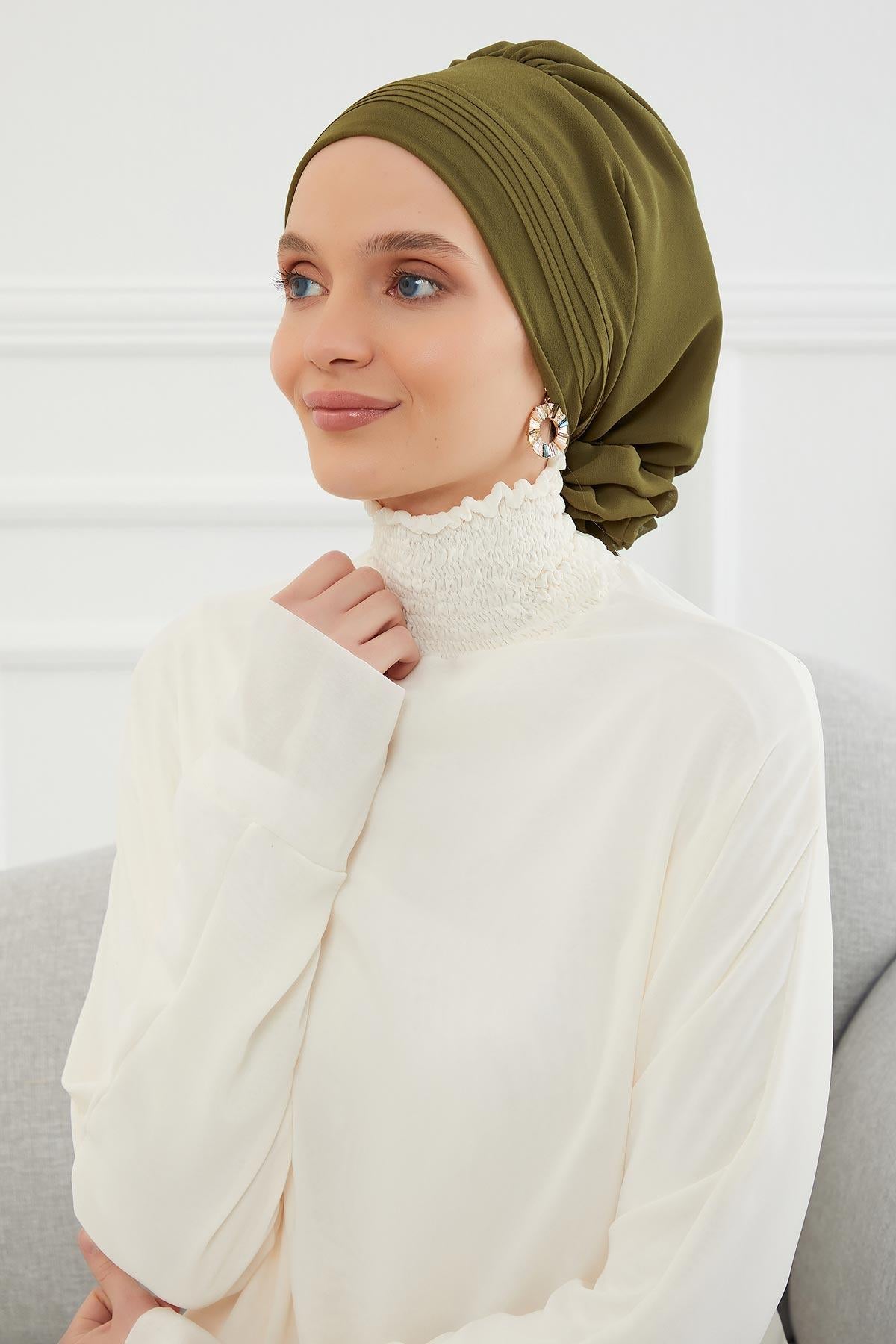 Dikişli Pileli Şifon Hazır Türban,HT-31