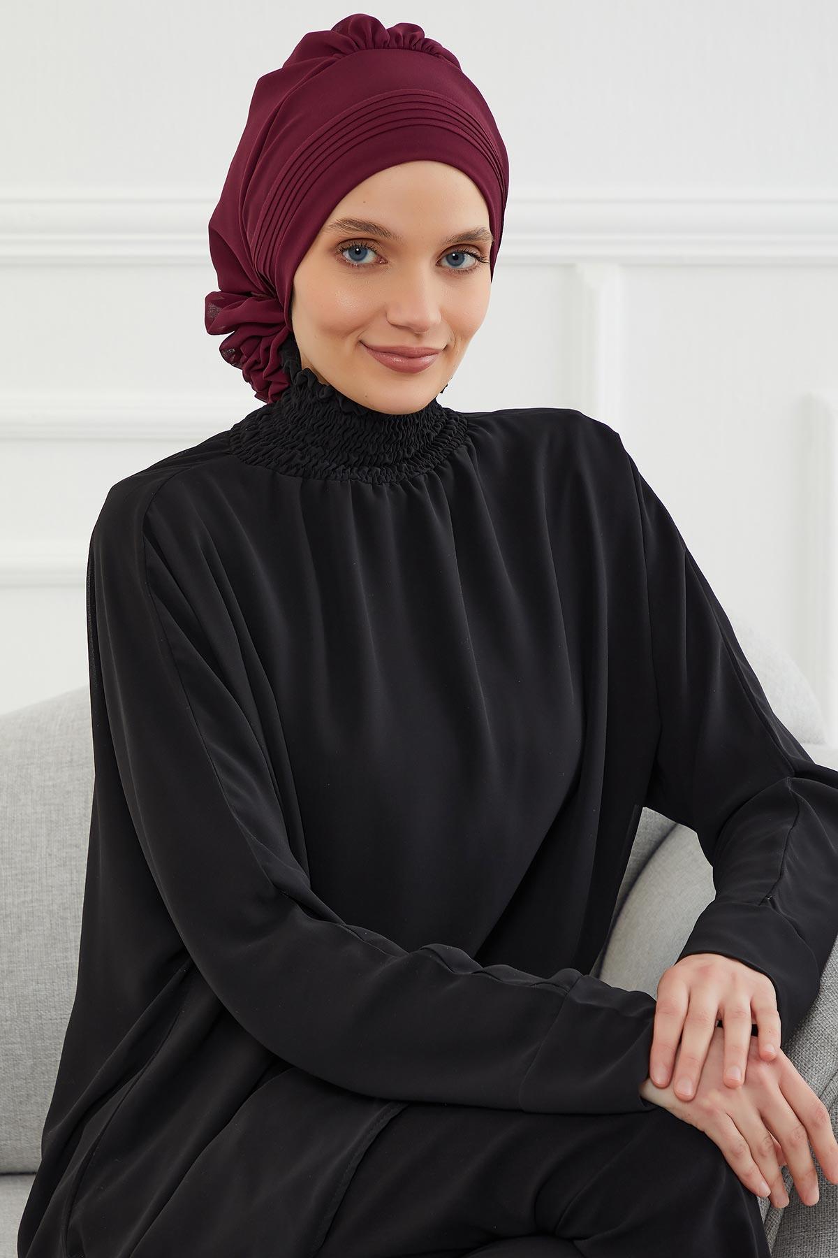 Dikişli Pileli Şifon Hazır Türban,HT-31