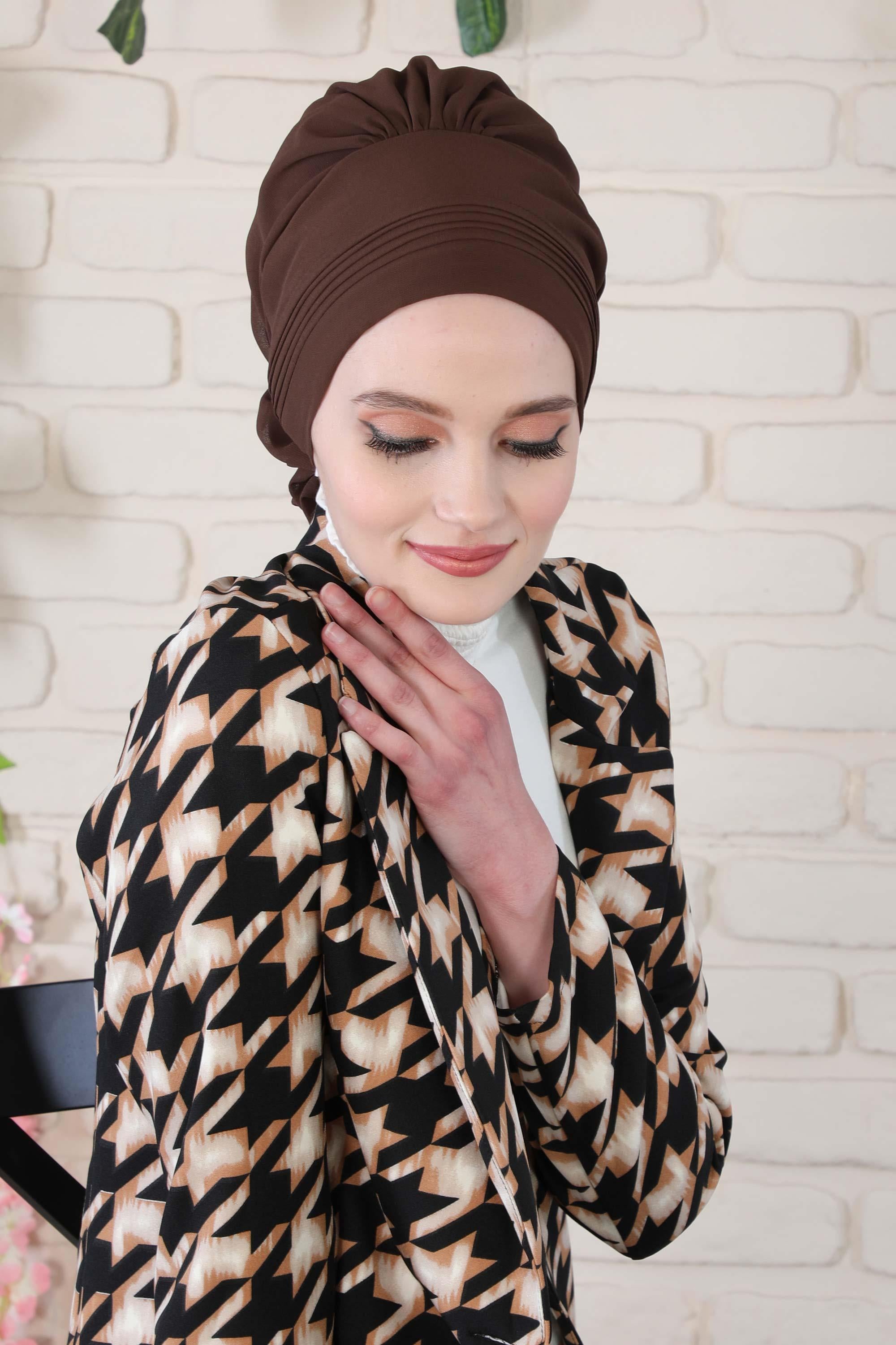 Dikişli Pileli Şifon Hazır Türban,HT-31