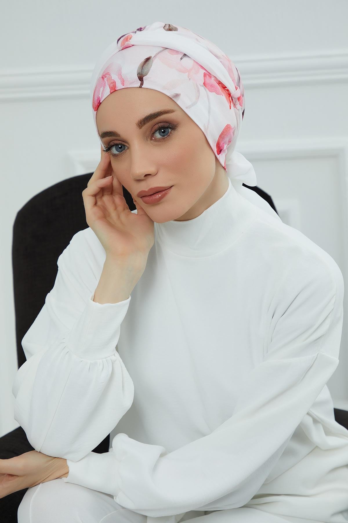 Şifon Kuşaklı Desenli Penye Bone,B-24YD