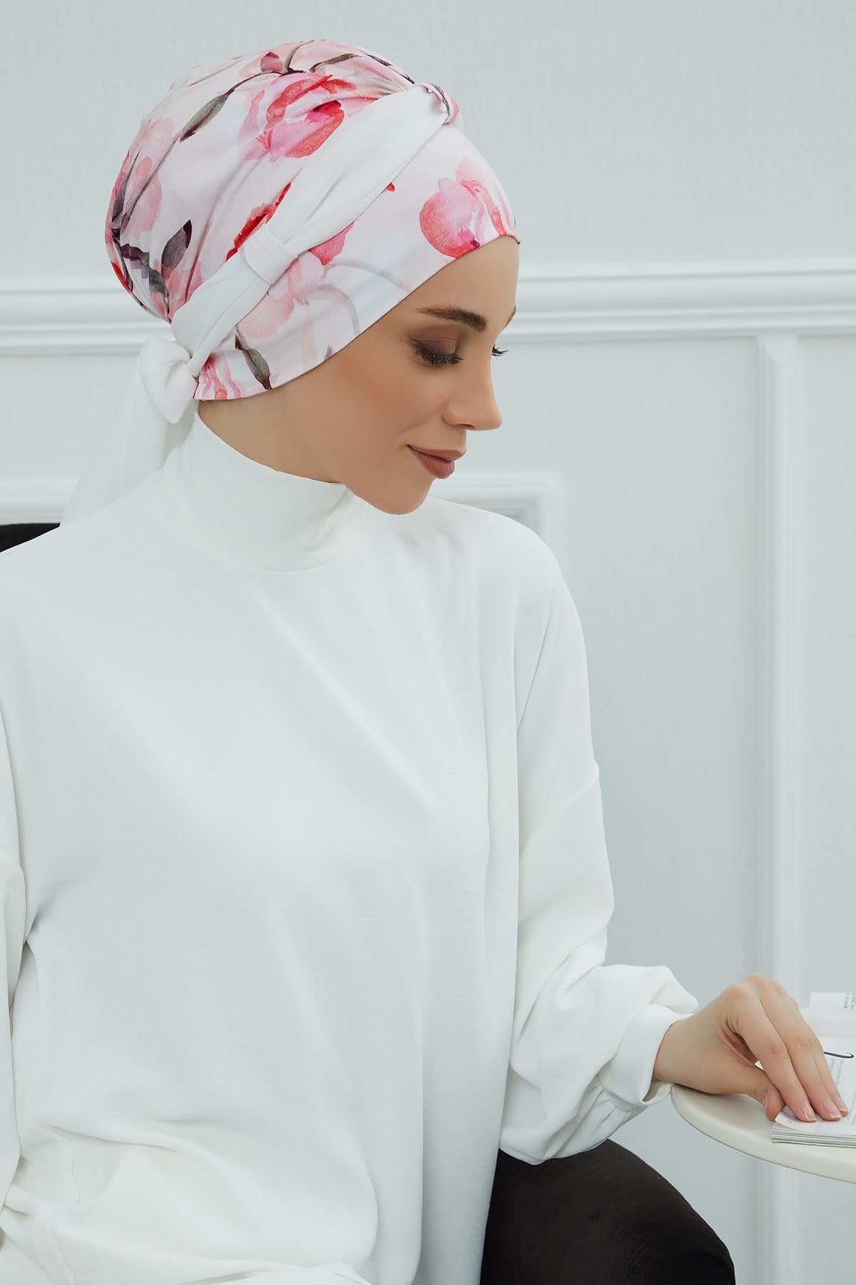 Şifon Kuşaklı Desenli Penye Bone,B-24YD