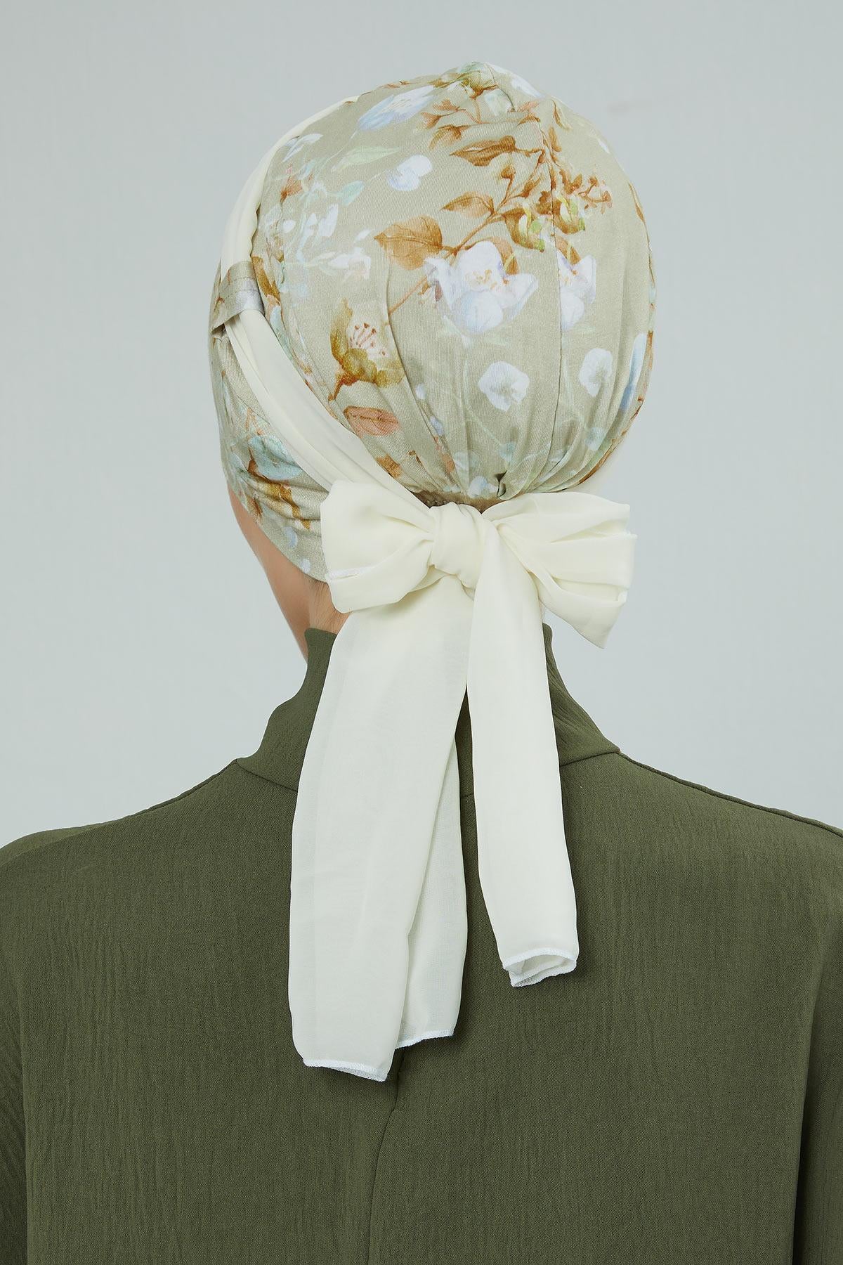 Şifon Kuşaklı Desenli Penye Bone,B-24YD