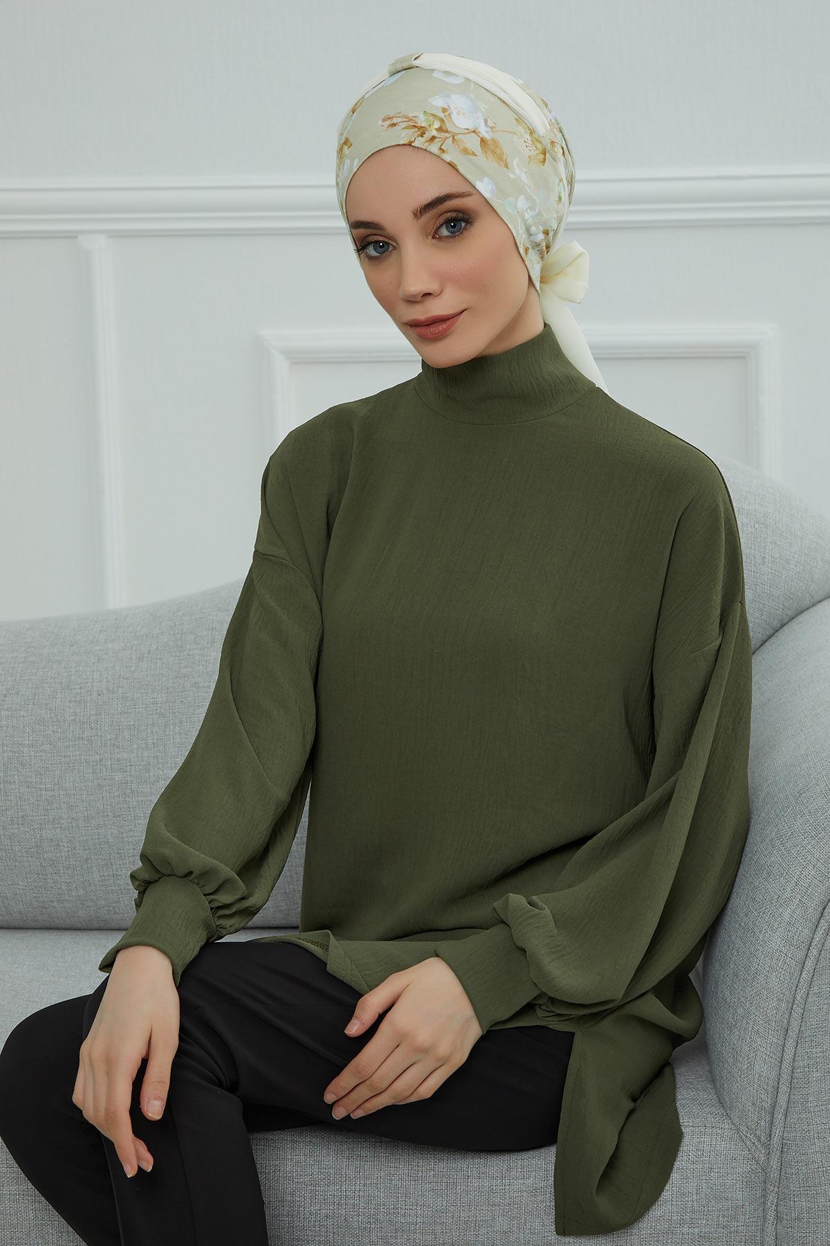 Şifon Kuşaklı Desenli Penye Bone,B-24YD