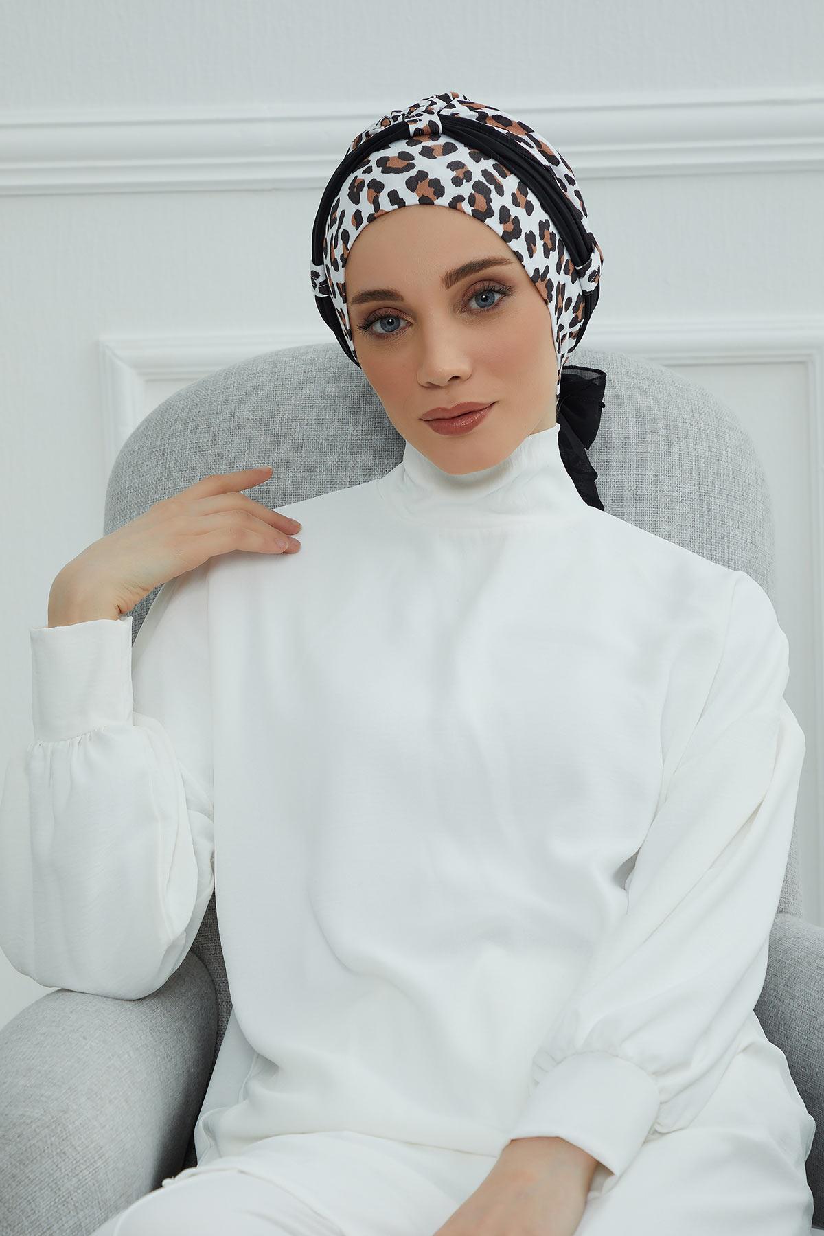 Şifon Kuşaklı Desenli Penye Bone,B-24YD