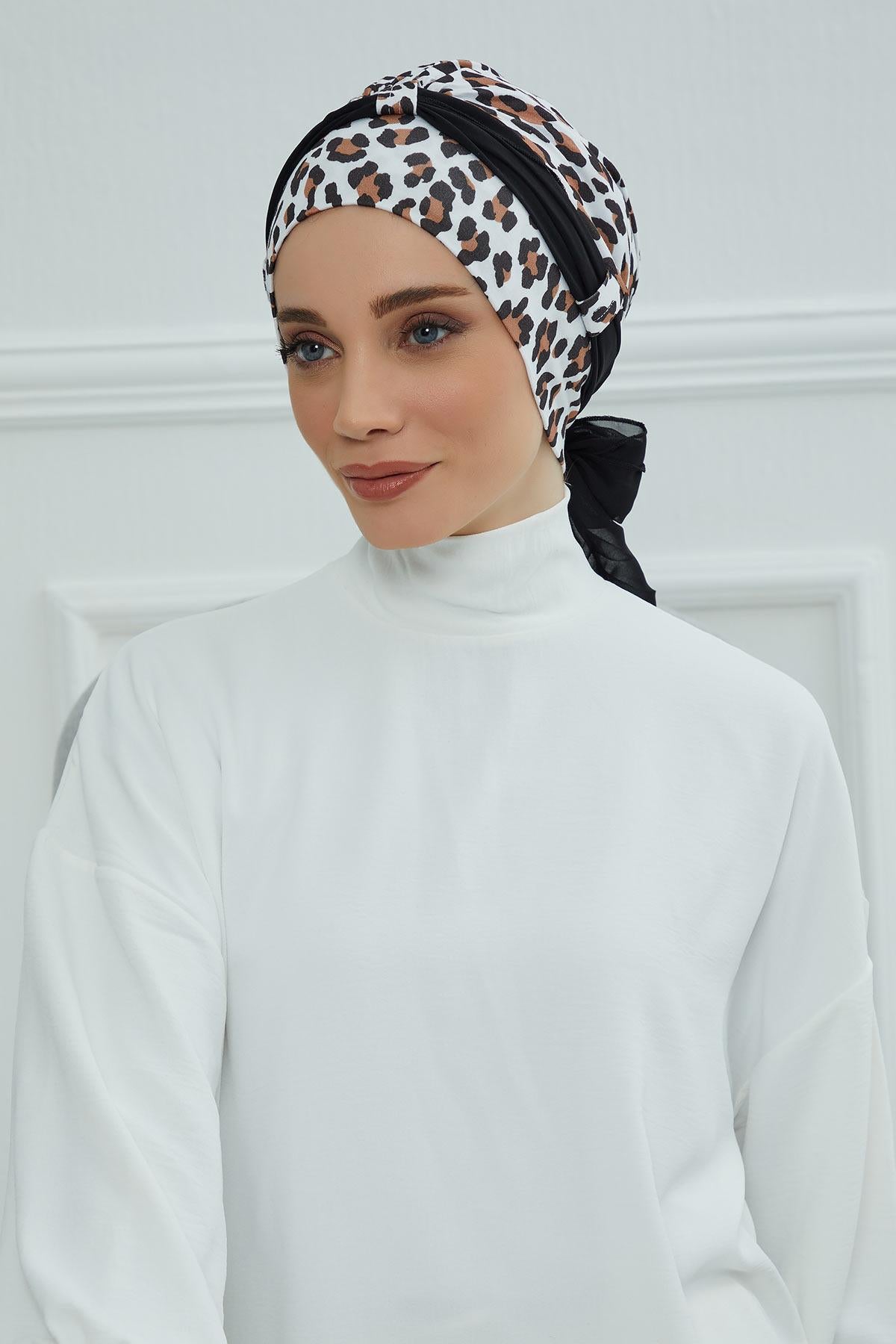 Şifon Kuşaklı Desenli Penye Bone,B-24YD