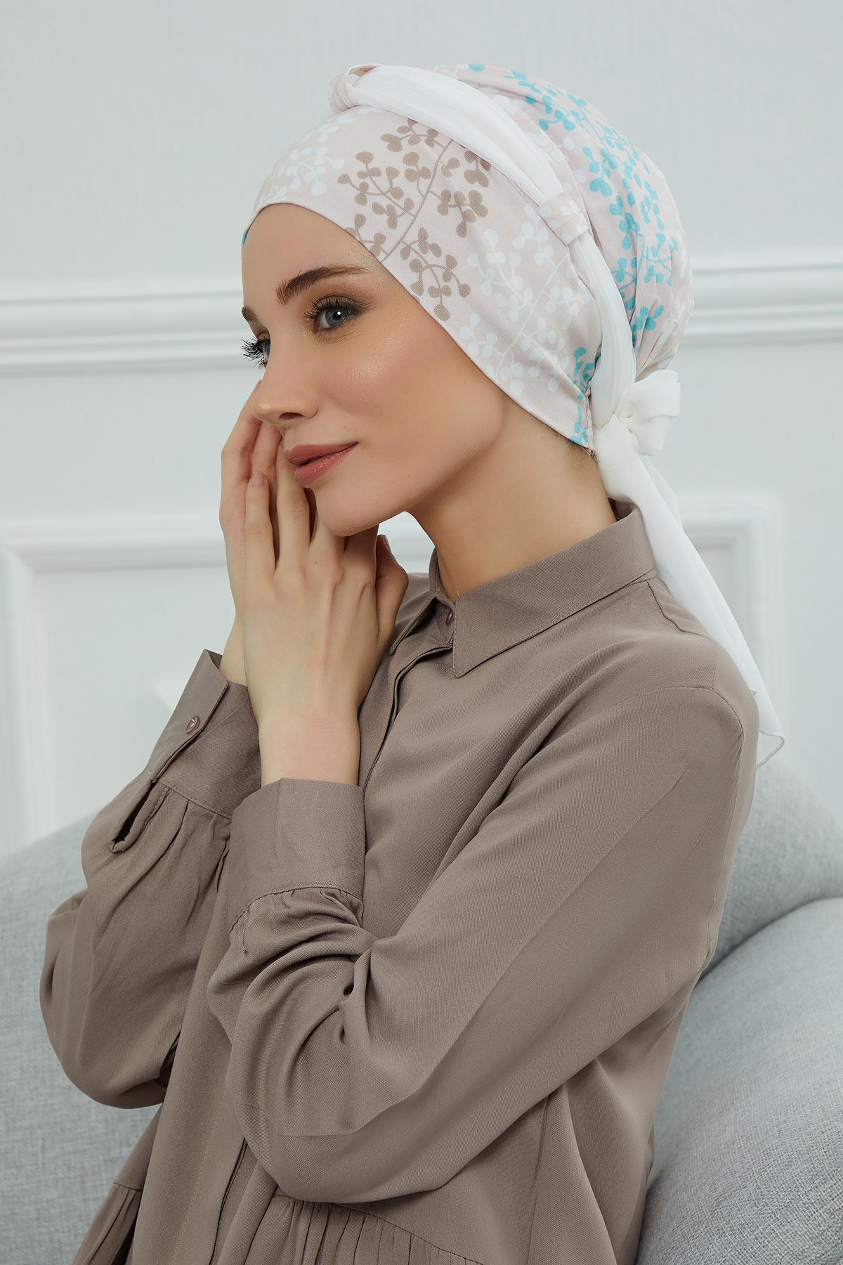 Şifon Kuşaklı Desenli Penye Bone,B-24YD