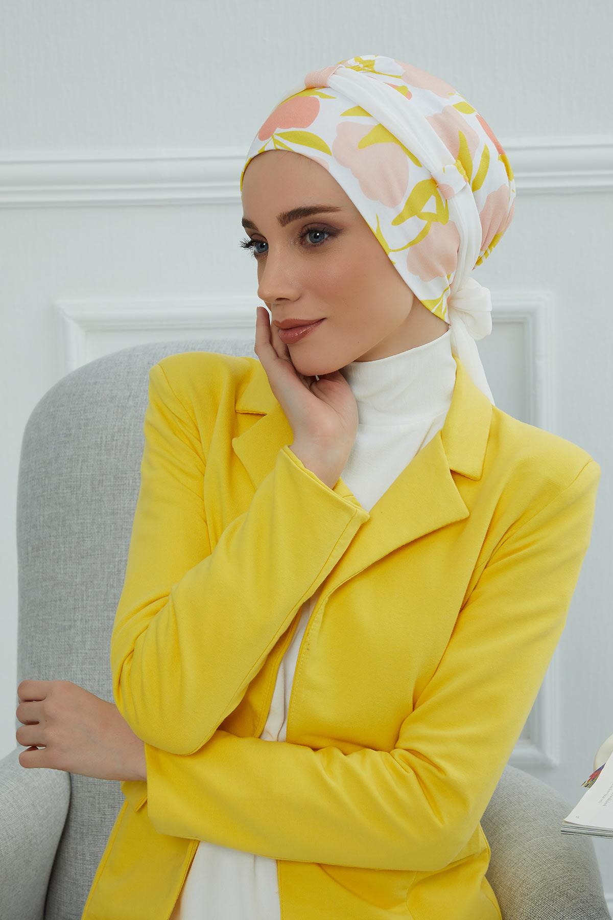 Şifon Kuşaklı Desenli Penye Bone,B-24YD