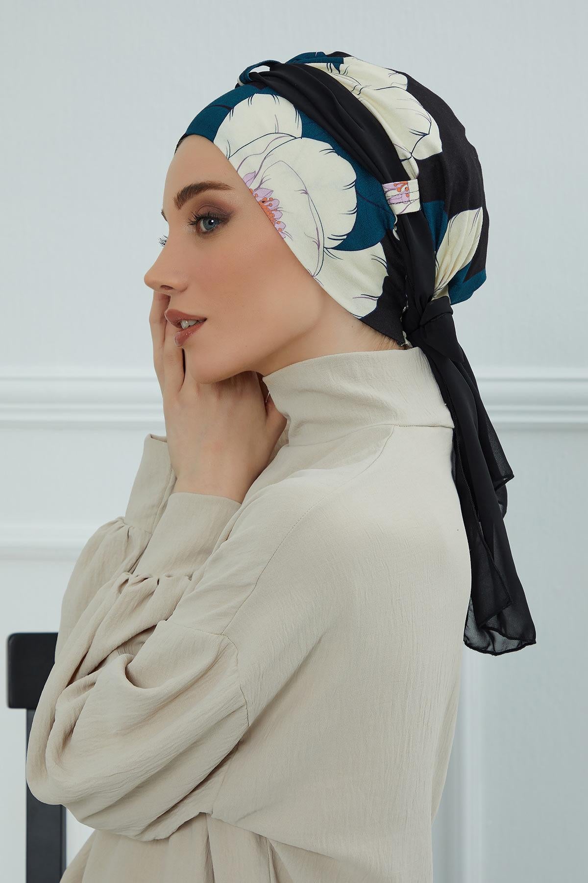 Şifon Kuşaklı Desenli Penye Bone,B-24YD