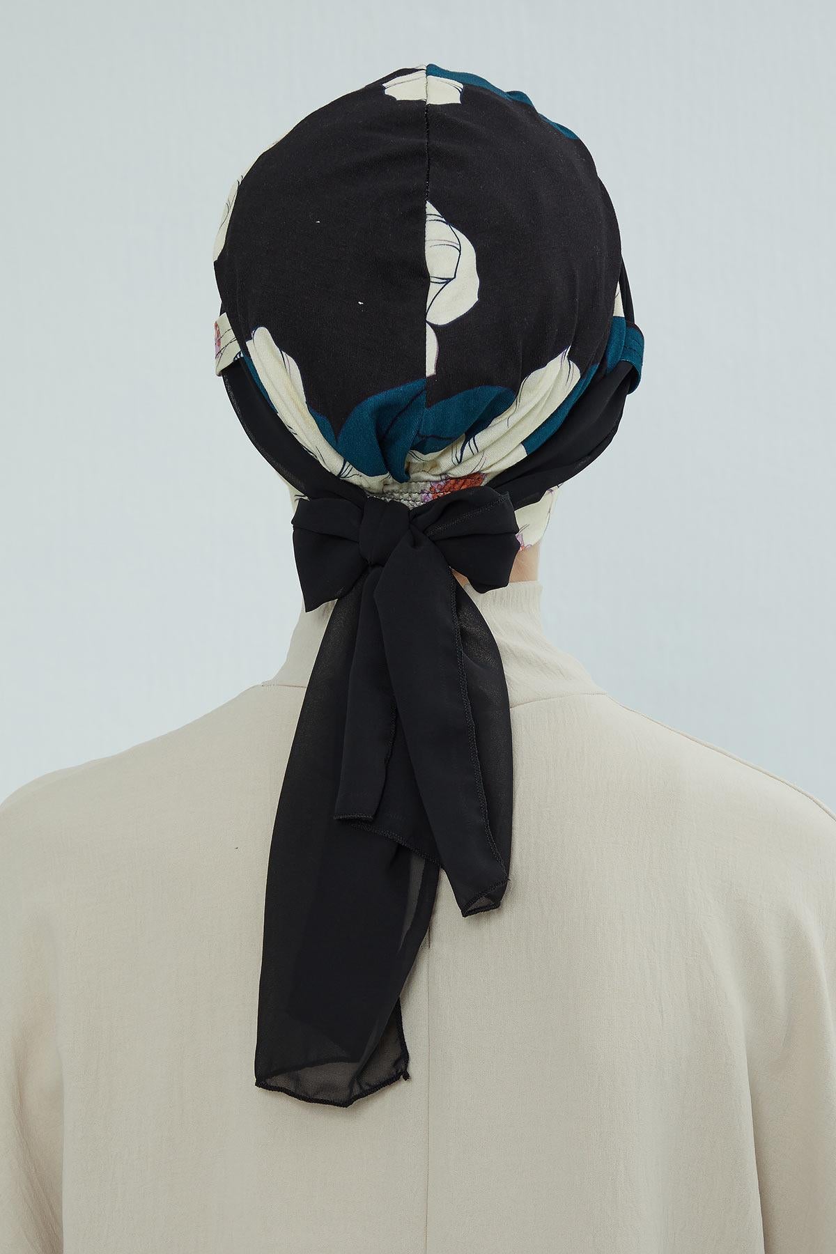 Şifon Kuşaklı Desenli Penye Bone,B-24YD