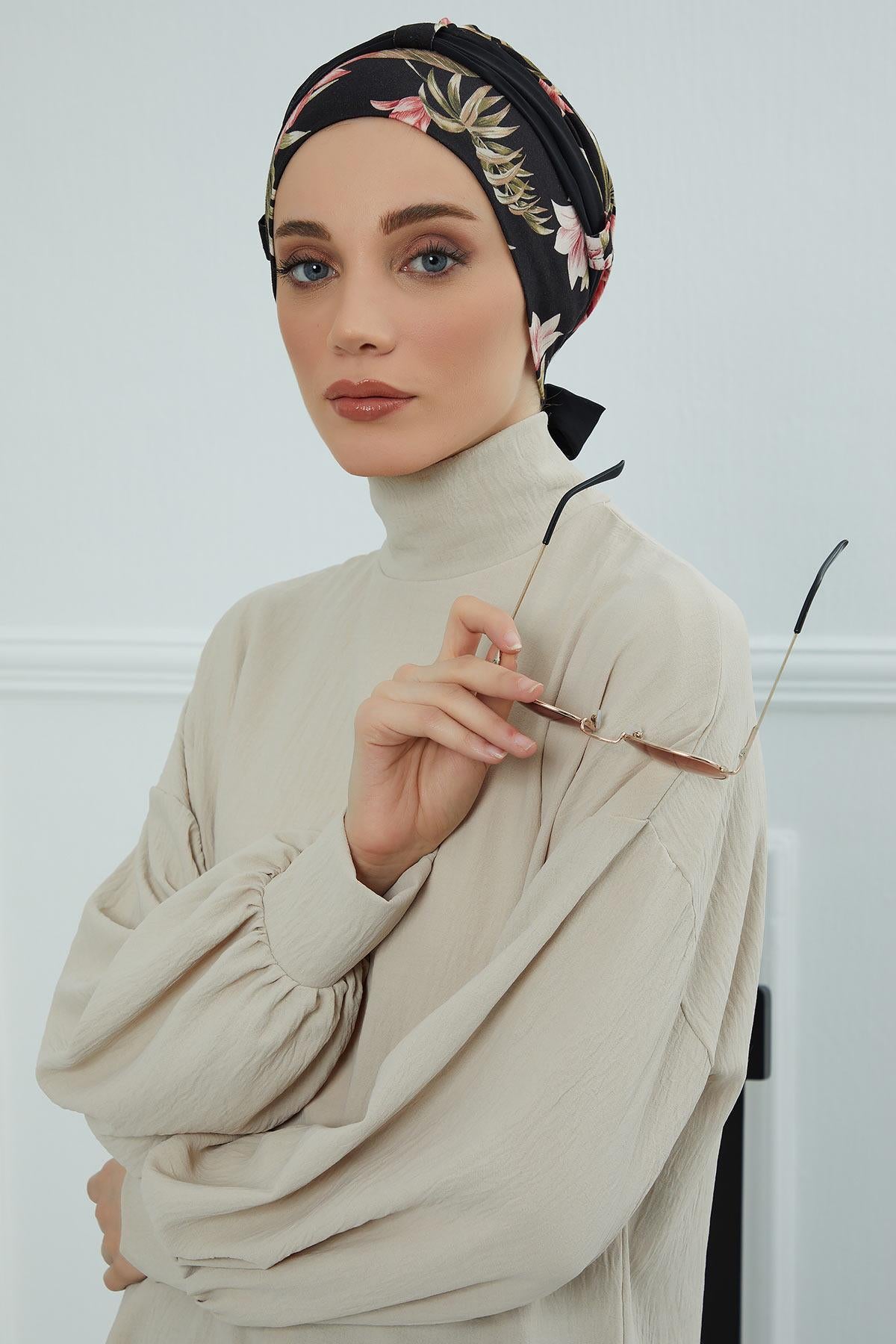 Şifon Kuşaklı Desenli Penye Bone,B-24YD