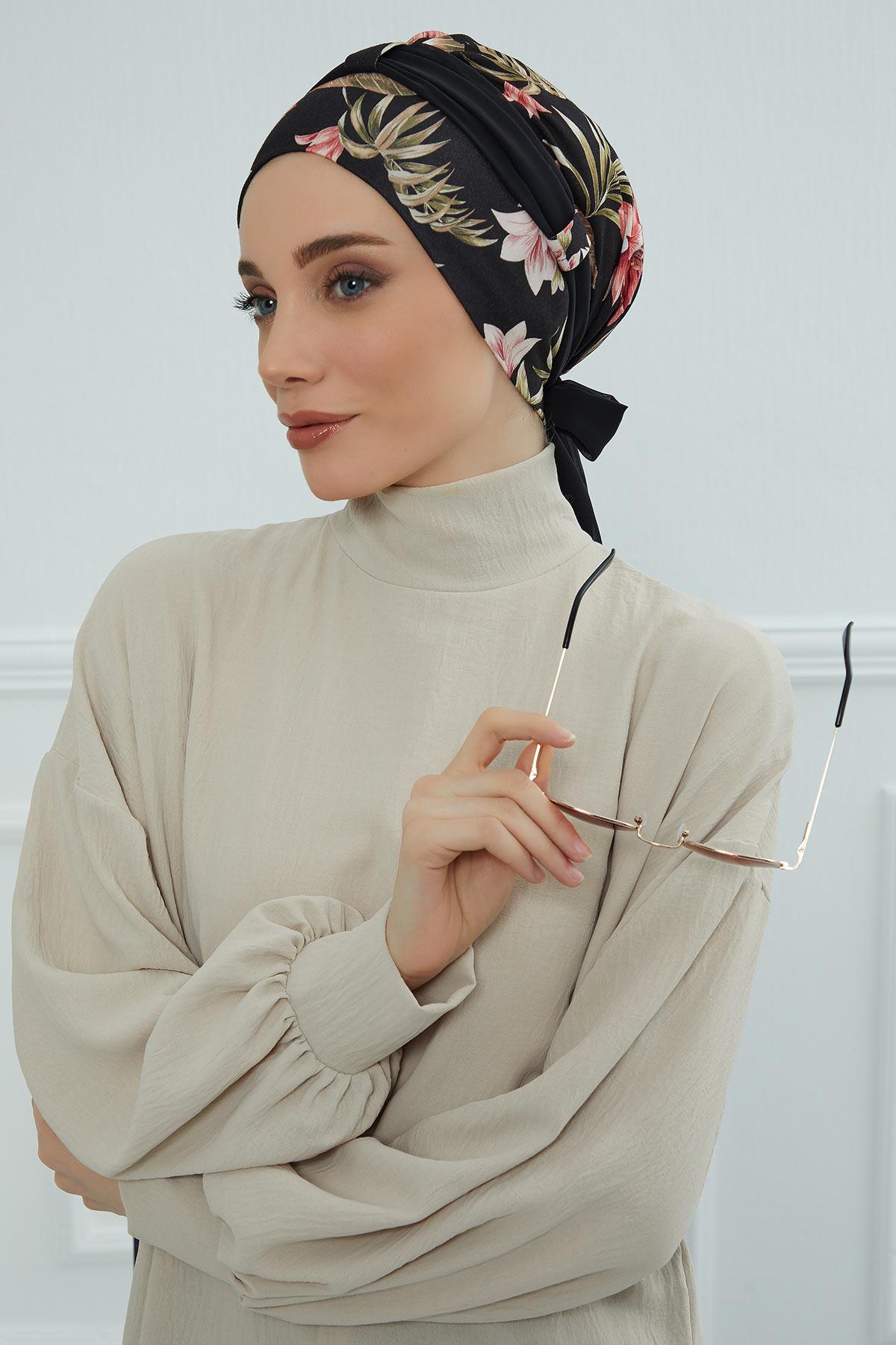 Şifon Kuşaklı Desenli Penye Bone,B-24YD