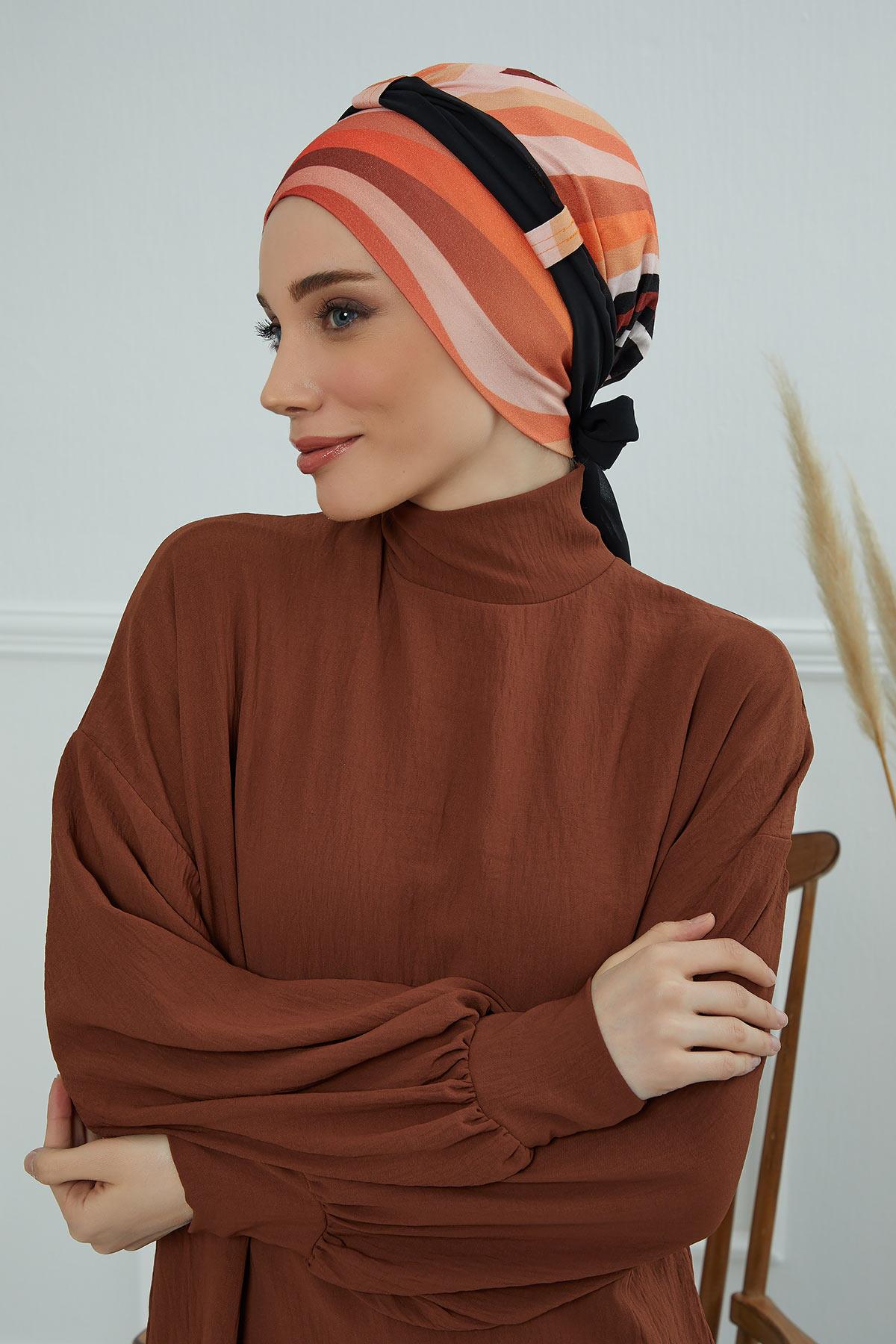 Şifon Kuşaklı Desenli Penye Bone,B-24YD