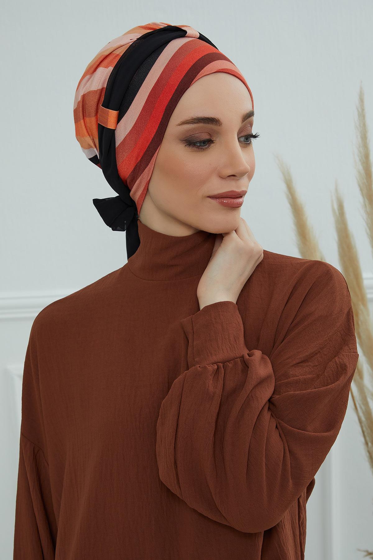 Şifon Kuşaklı Desenli Penye Bone,B-24YD