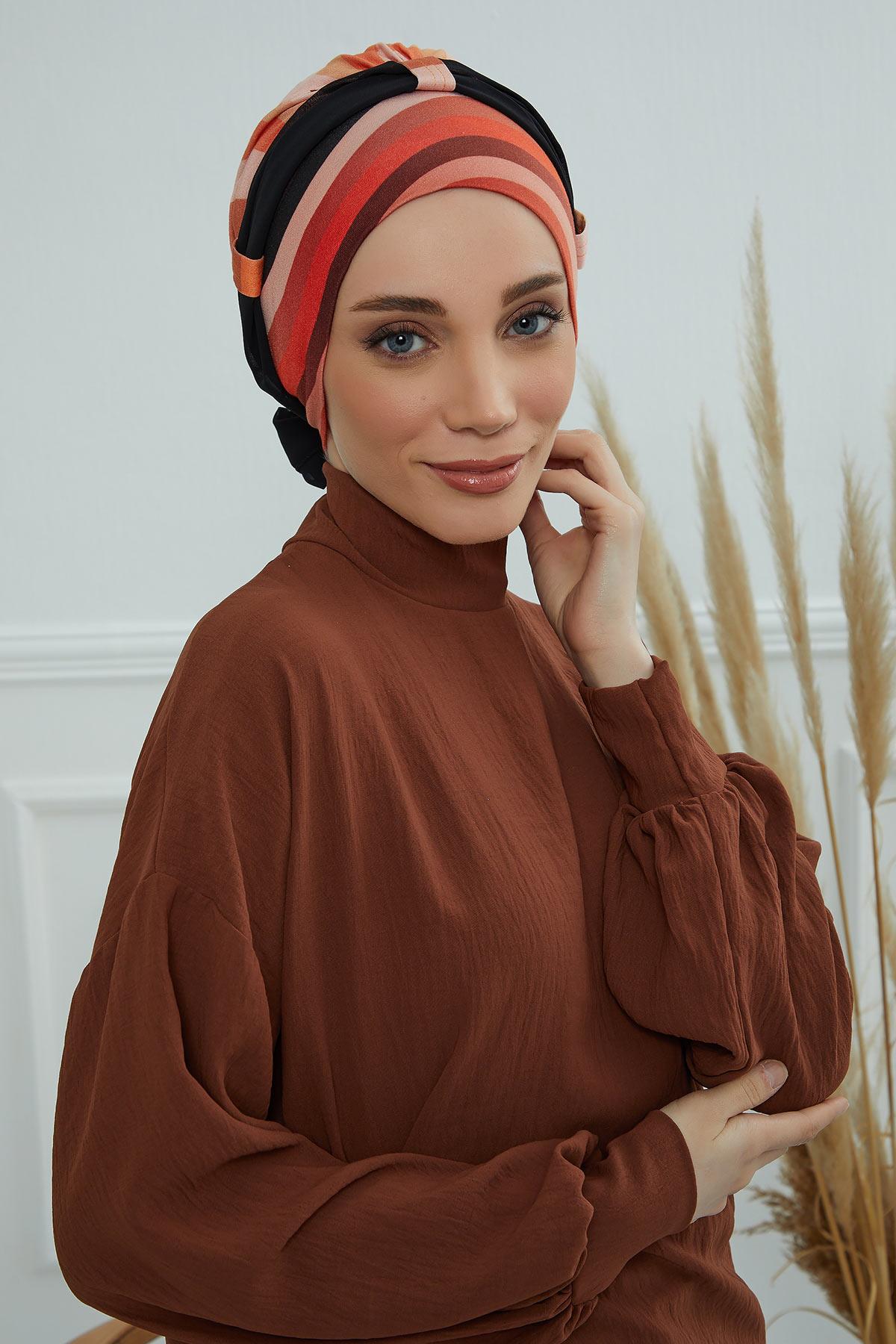 Şifon Kuşaklı Desenli Penye Bone,B-24YD