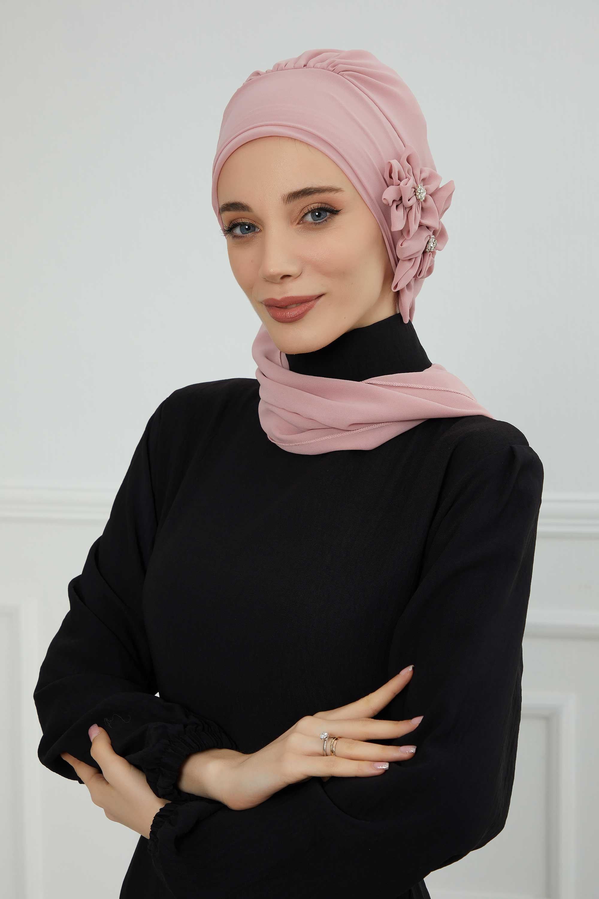 Taş Aksesuarlı Özel Tasarım Şifon Hazır Türban,HT-8