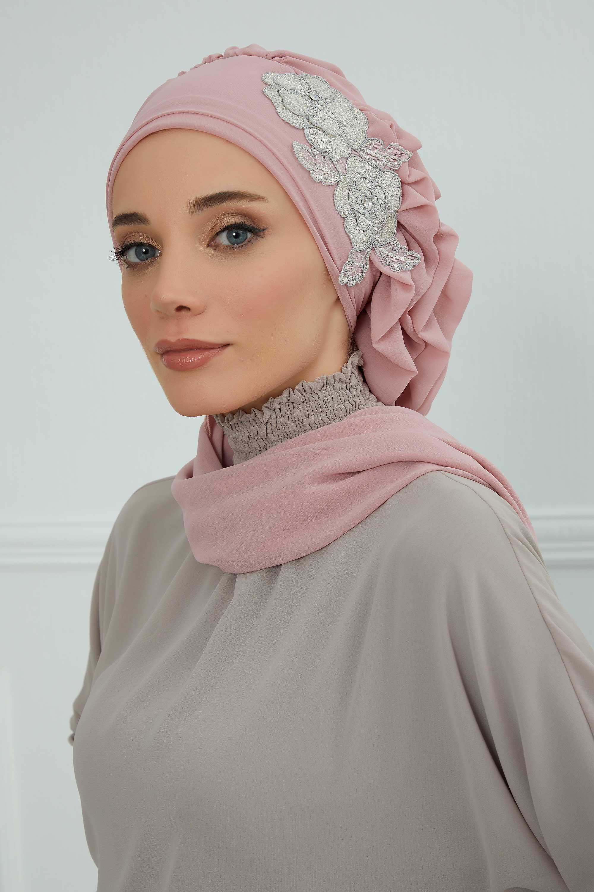 Yandan Fırfırlı Çiçek Aksesuarlı Şifon Hazır Türban,HT-102,HT-102