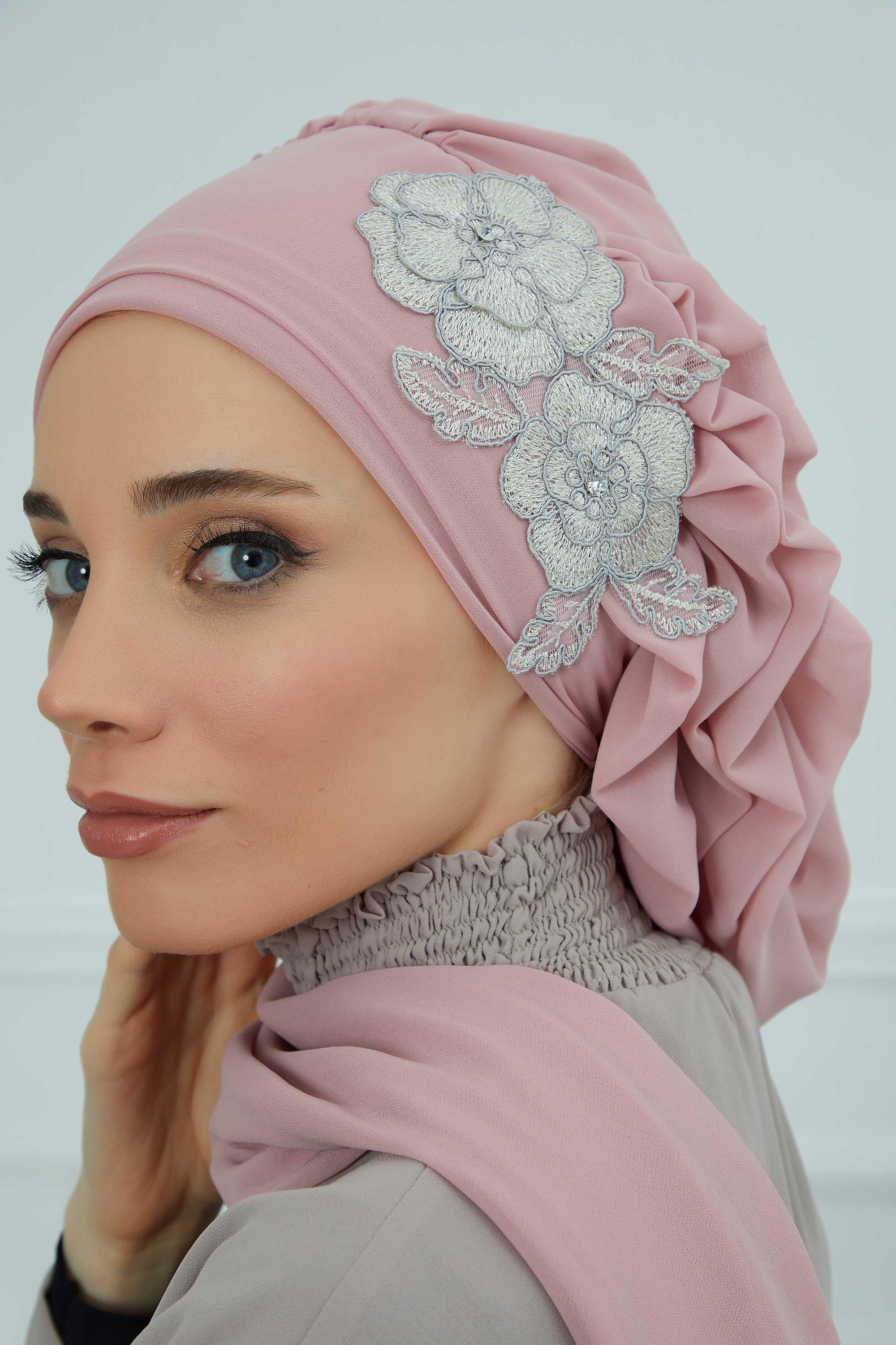 Yandan Fırfırlı Çiçek Aksesuarlı Şifon Hazır Türban,HT-102,HT-102