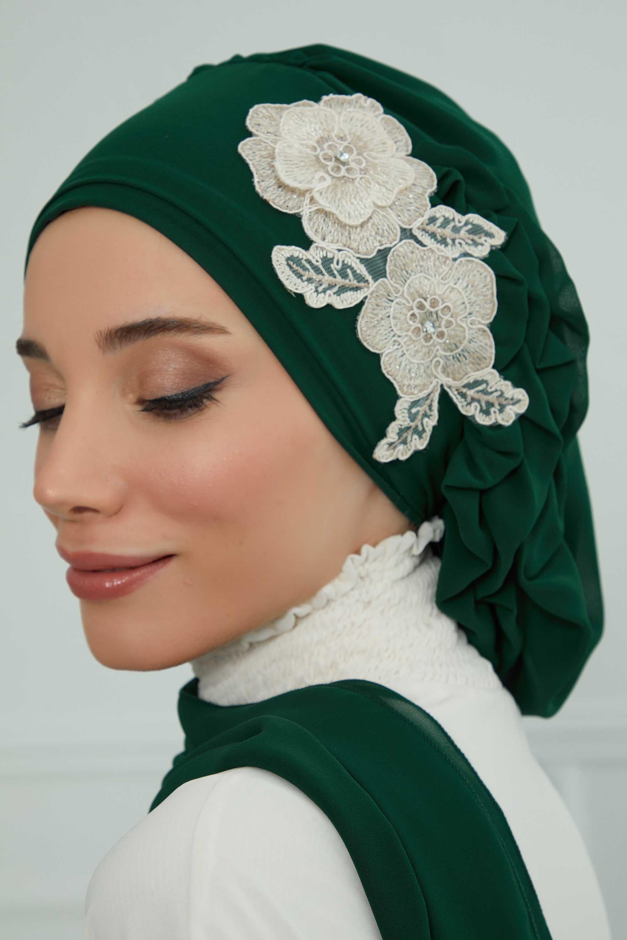 Yandan Fırfırlı Çiçek Aksesuarlı Şifon Hazır Türban,HT-102,HT-102