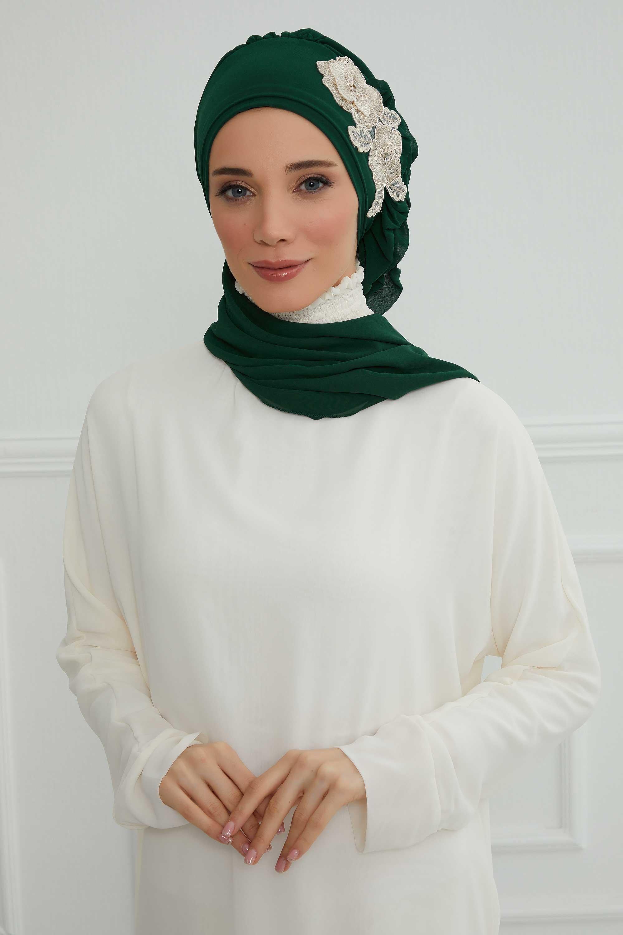 Yandan Fırfırlı Çiçek Aksesuarlı Şifon Hazır Türban,HT-102,HT-102