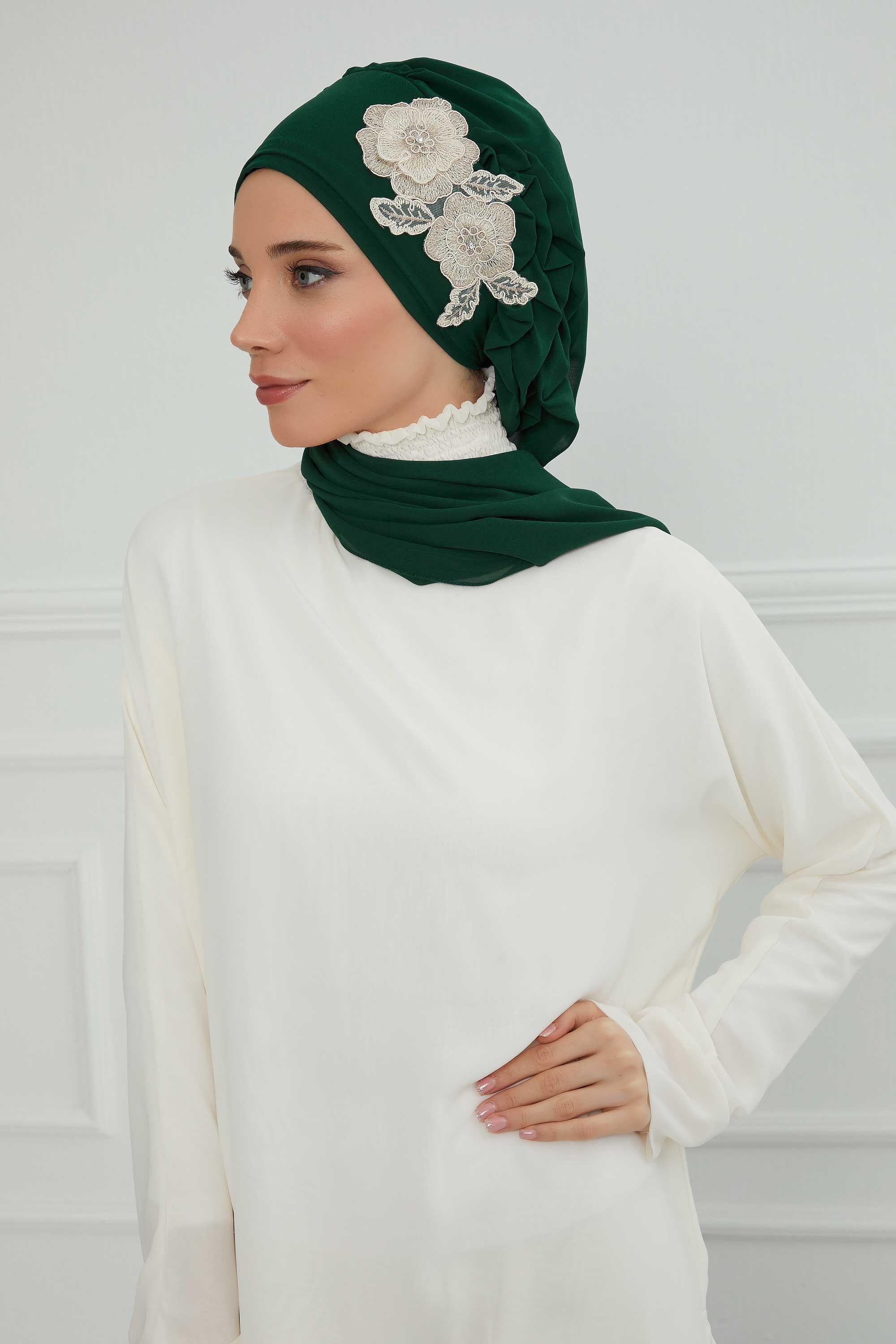 Yandan Fırfırlı Çiçek Aksesuarlı Şifon Hazır Türban,HT-102,HT-102