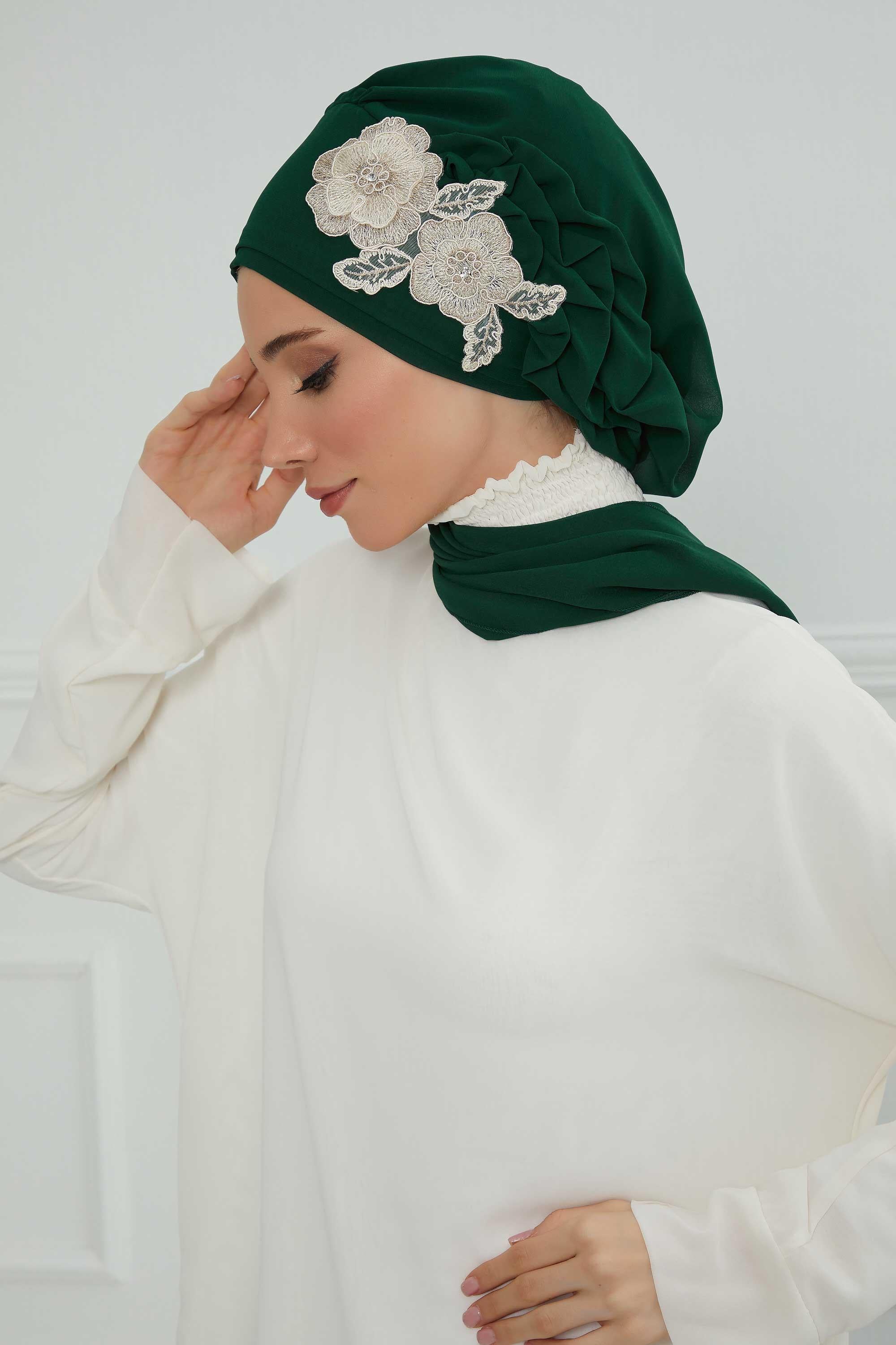 Yandan Fırfırlı Çiçek Aksesuarlı Şifon Hazır Türban,HT-102,HT-102