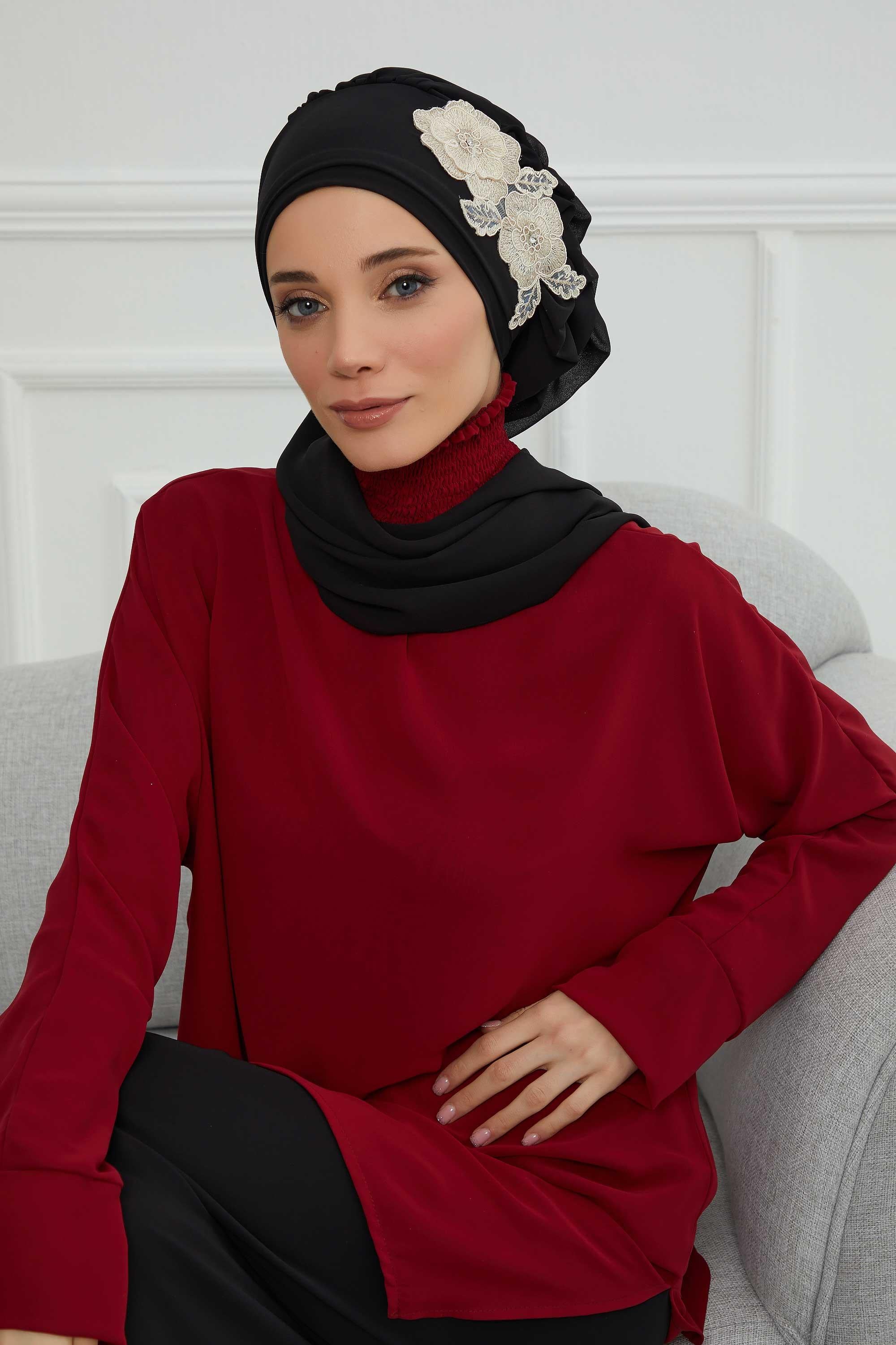 Yandan Fırfırlı Çiçek Aksesuarlı Şifon Hazır Türban,HT-102,HT-102