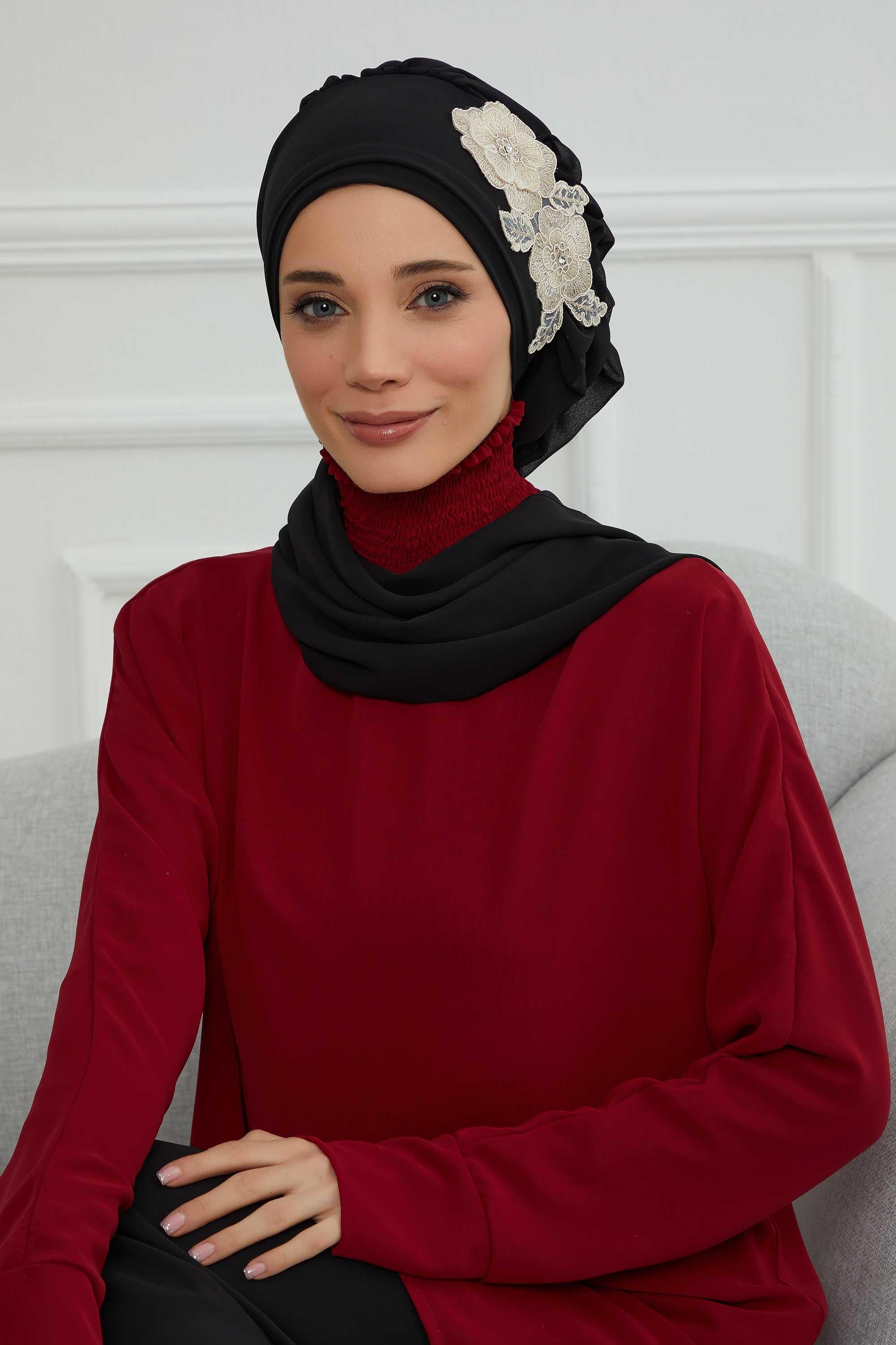 Yandan Fırfırlı Çiçek Aksesuarlı Şifon Hazır Türban,HT-102,HT-102