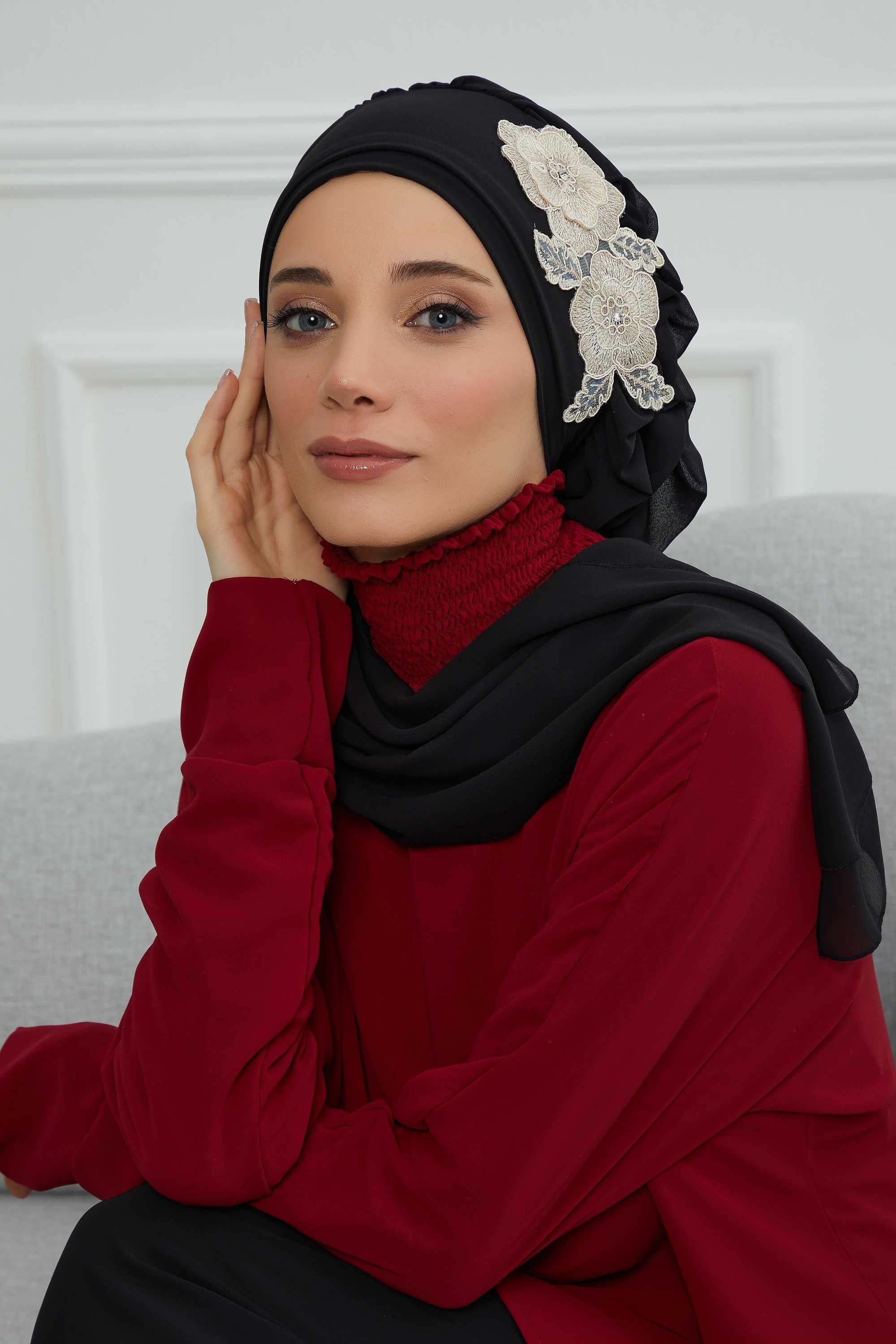 Yandan Fırfırlı Çiçek Aksesuarlı Şifon Hazır Türban,HT-102,HT-102