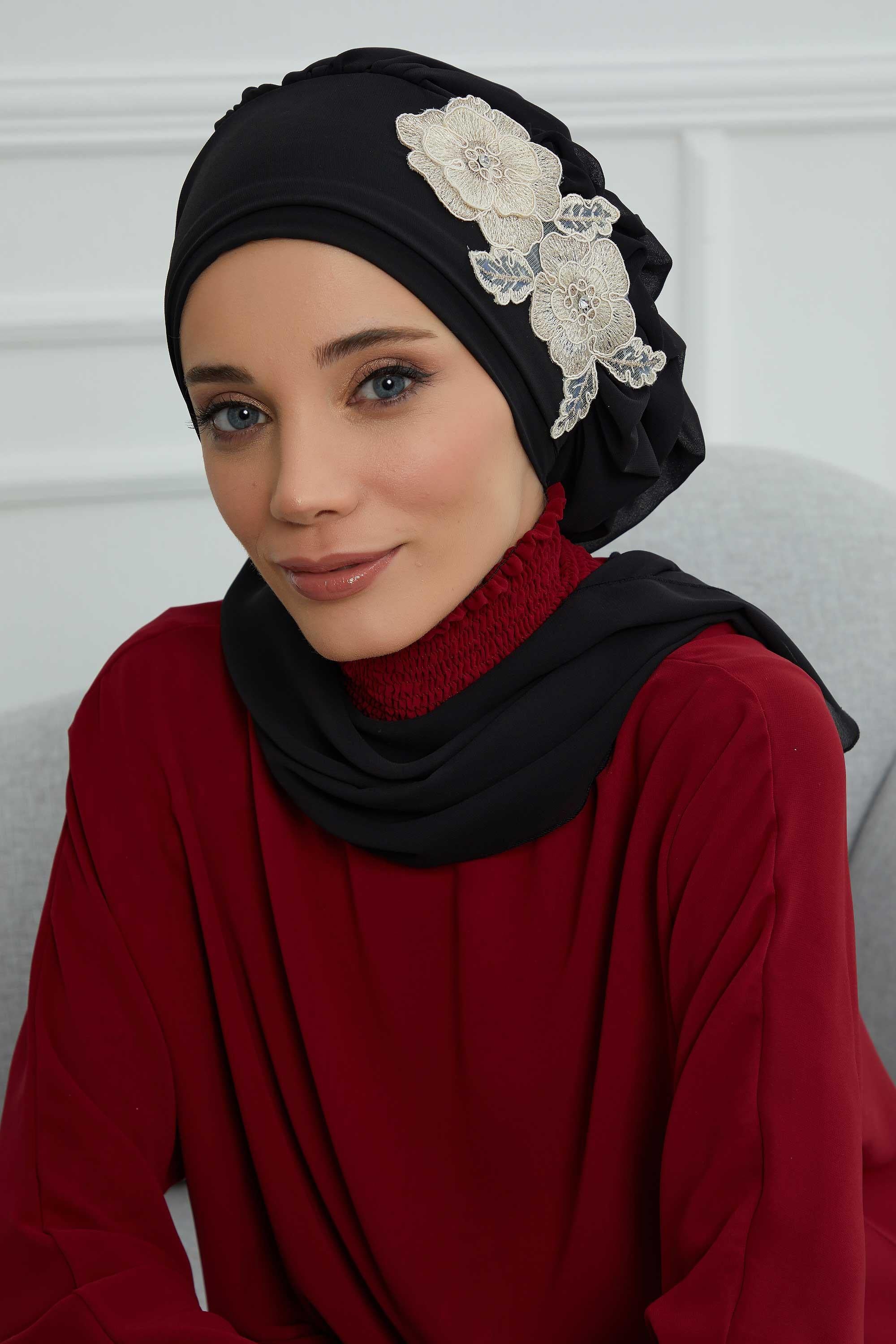 Yandan Fırfırlı Çiçek Aksesuarlı Şifon Hazır Türban,HT-102,HT-102
