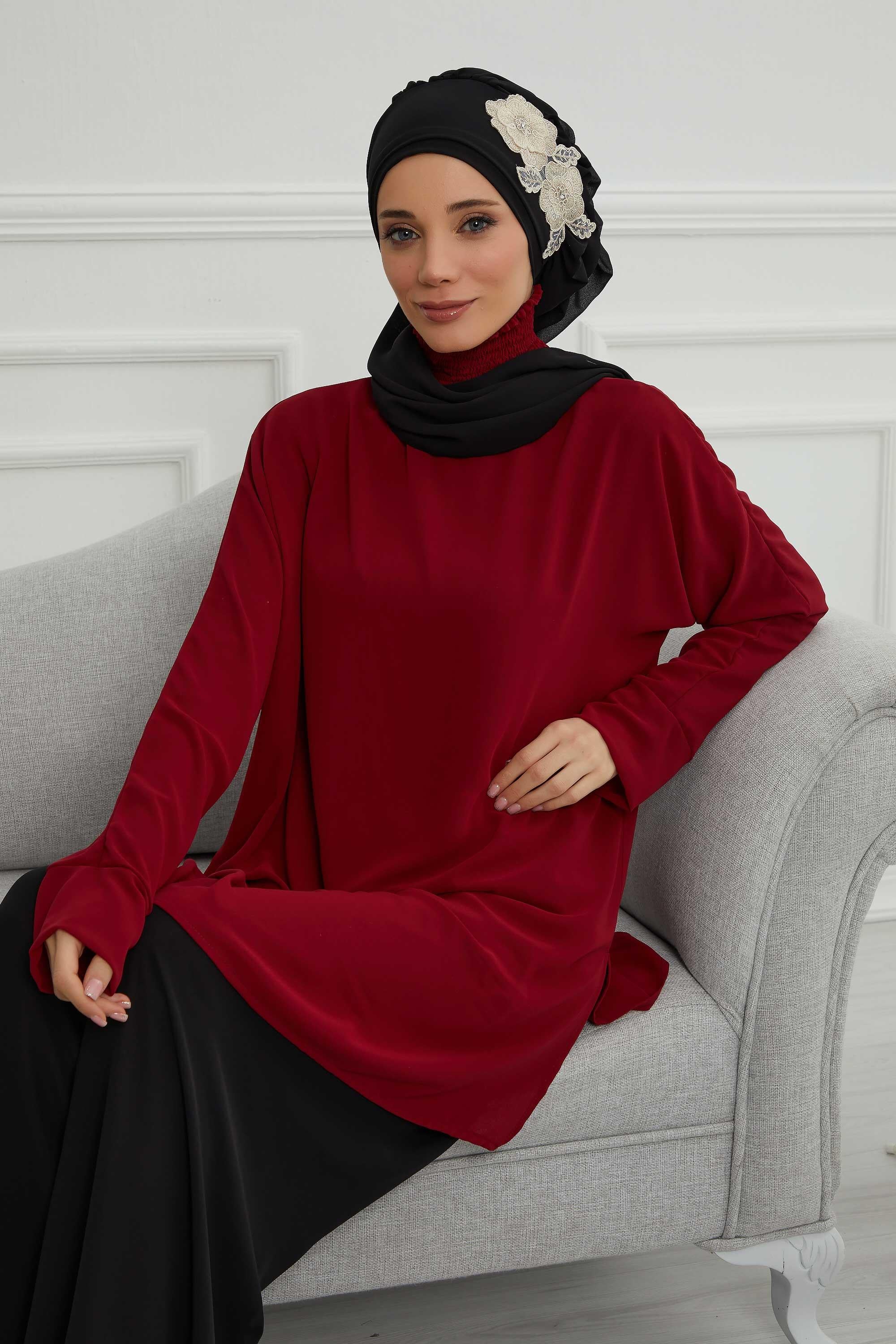 Yandan Fırfırlı Çiçek Aksesuarlı Şifon Hazır Türban,HT-102,HT-102