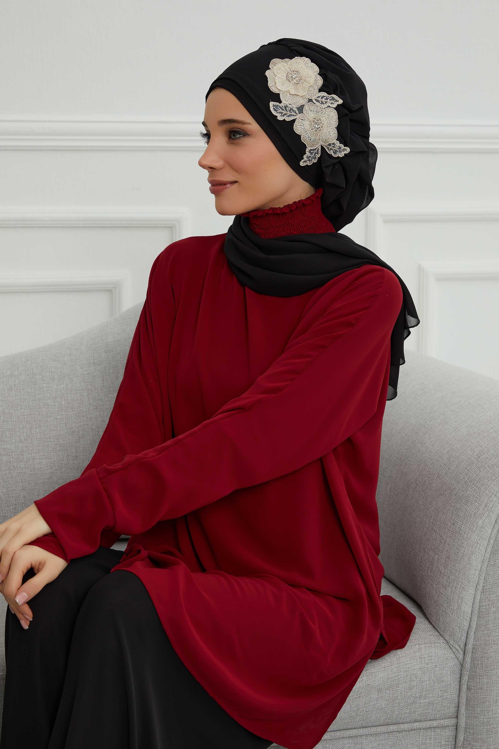 Yandan Fırfırlı Çiçek Aksesuarlı Şifon Hazır Türban,HT-102,HT-102