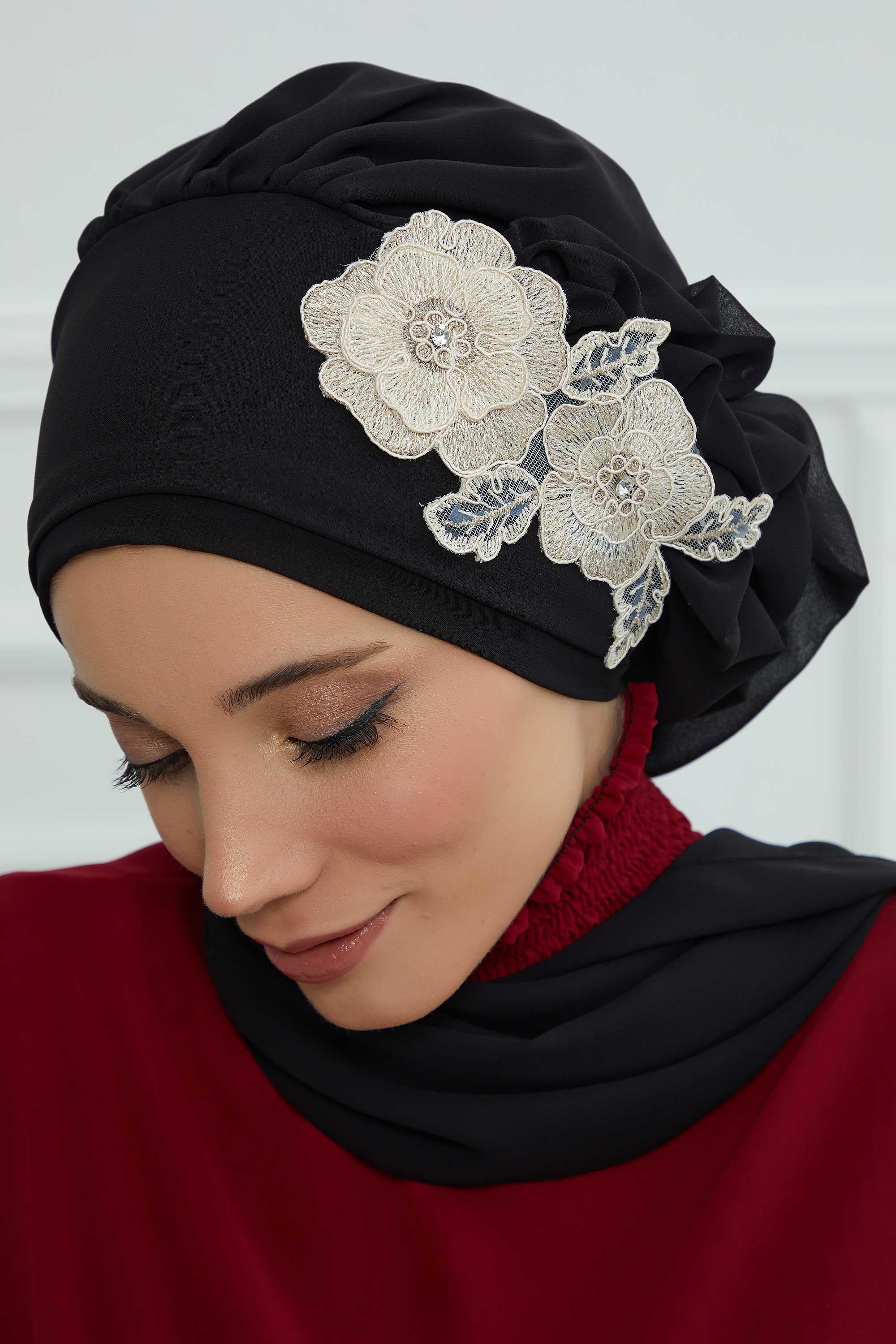 Yandan Fırfırlı Çiçek Aksesuarlı Şifon Hazır Türban,HT-102,HT-102
