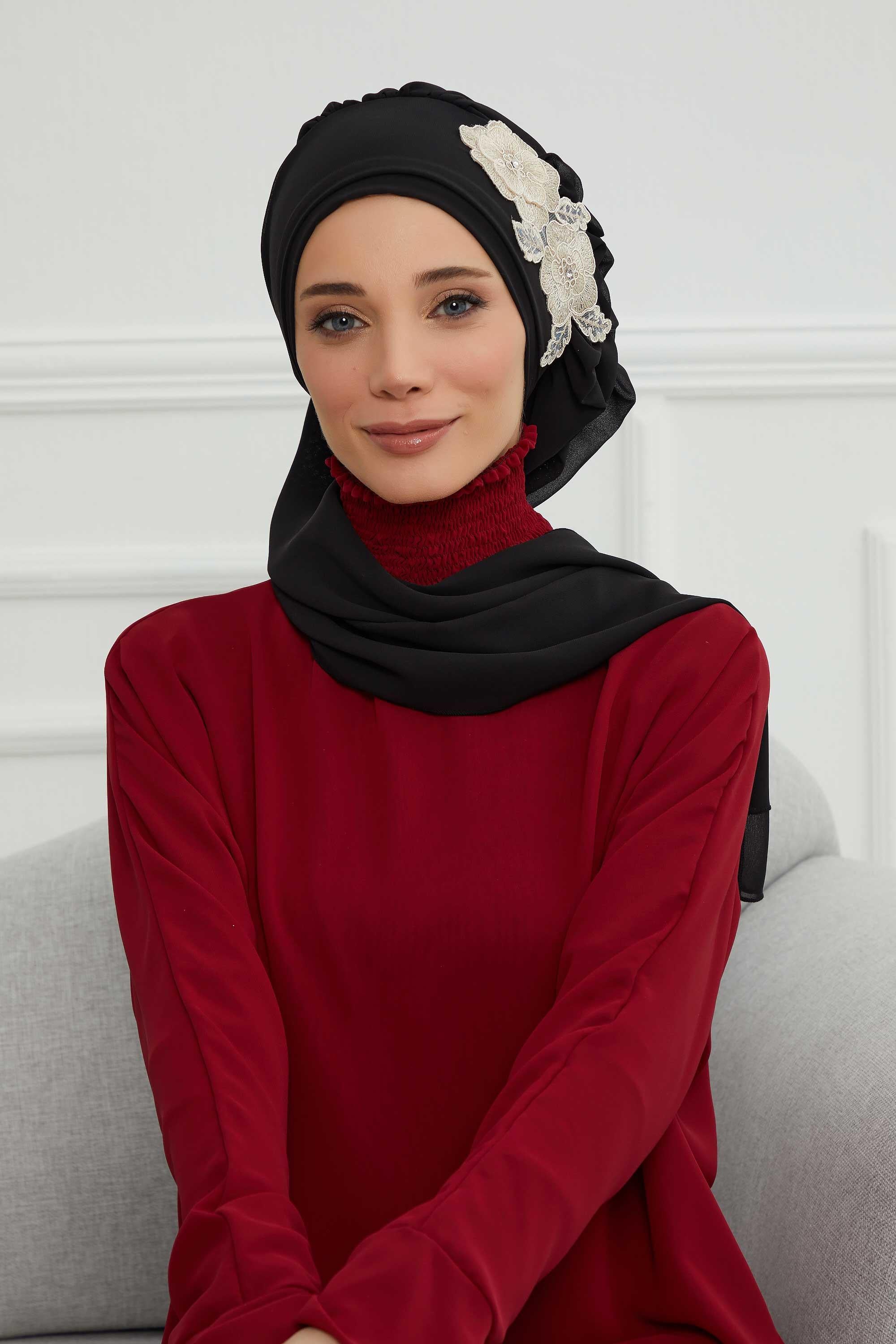 Yandan Fırfırlı Çiçek Aksesuarlı Şifon Hazır Türban,HT-102,HT-102
