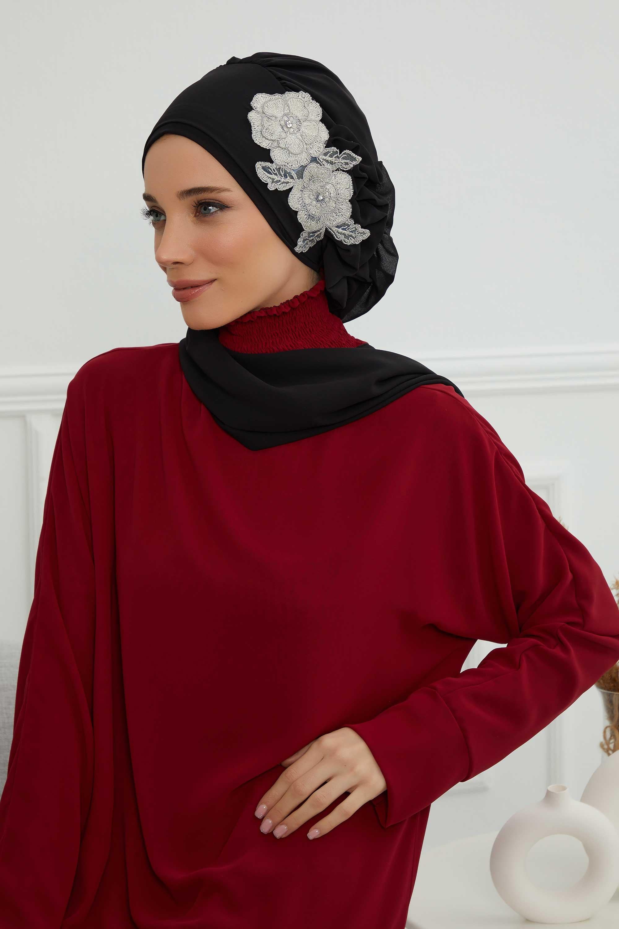 Yandan Fırfırlı Çiçek Aksesuarlı Şifon Hazır Türban,HT-102,HT-102