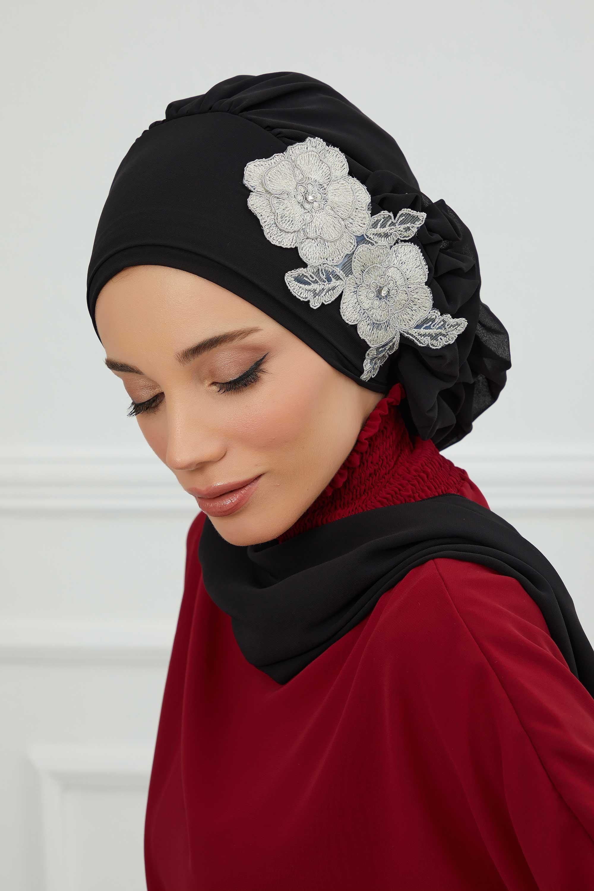 Yandan Fırfırlı Çiçek Aksesuarlı Şifon Hazır Türban,HT-102,HT-102